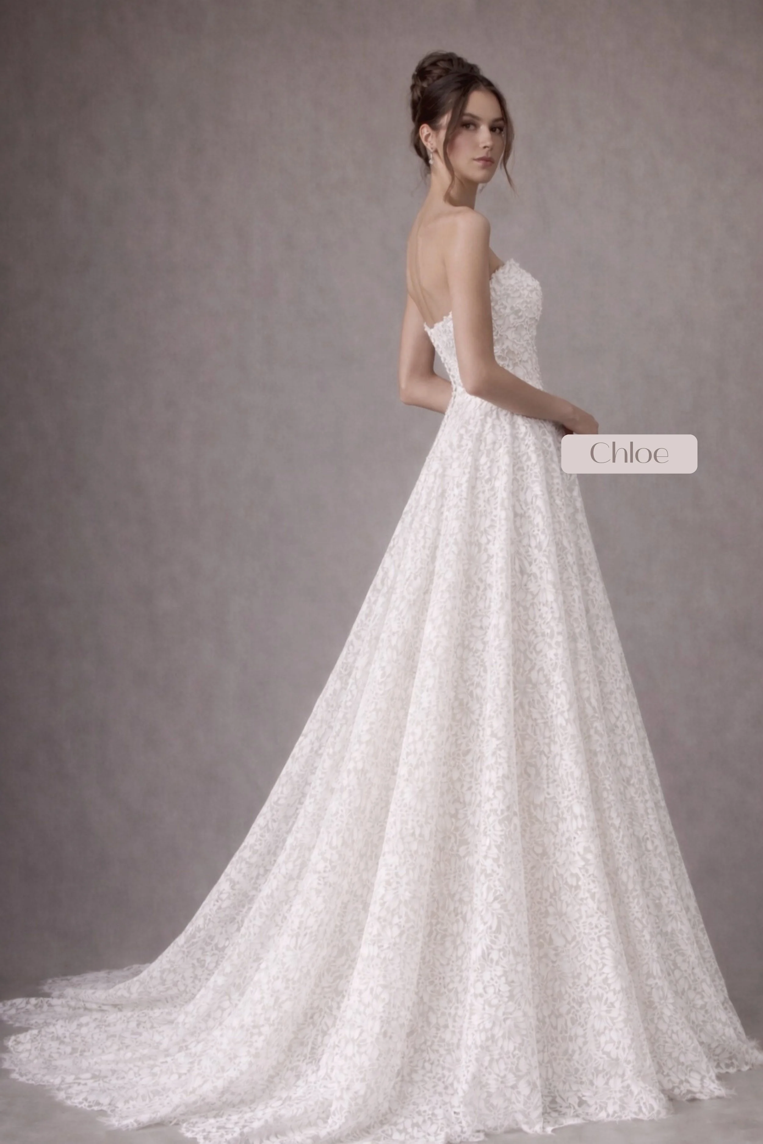 Strapless lace A-line wedding dress with detachable high-neck lace cape and long train