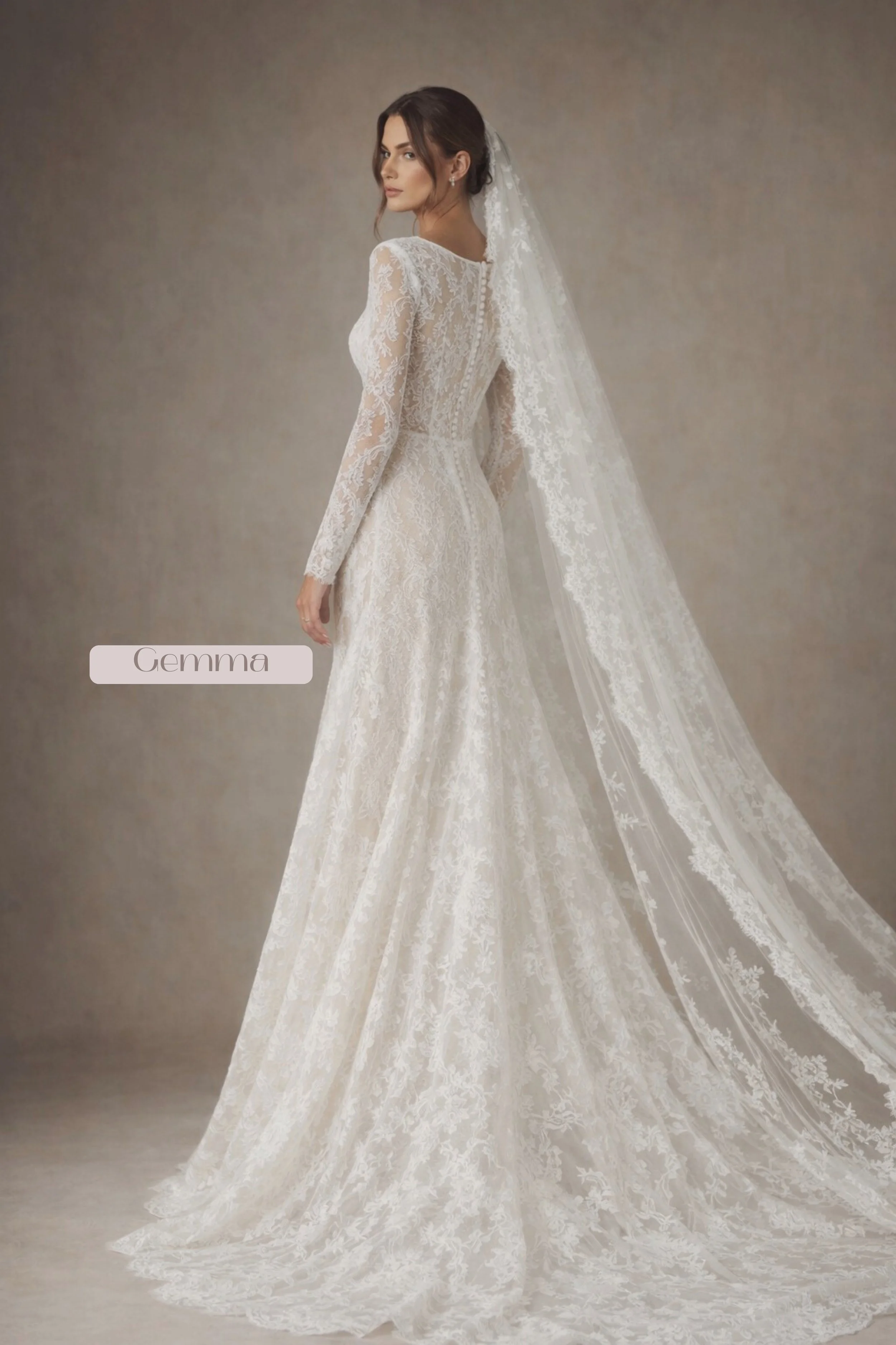 Long sleeve lace wedding dress with A-line skirt, classic church bridal gown for modern bride