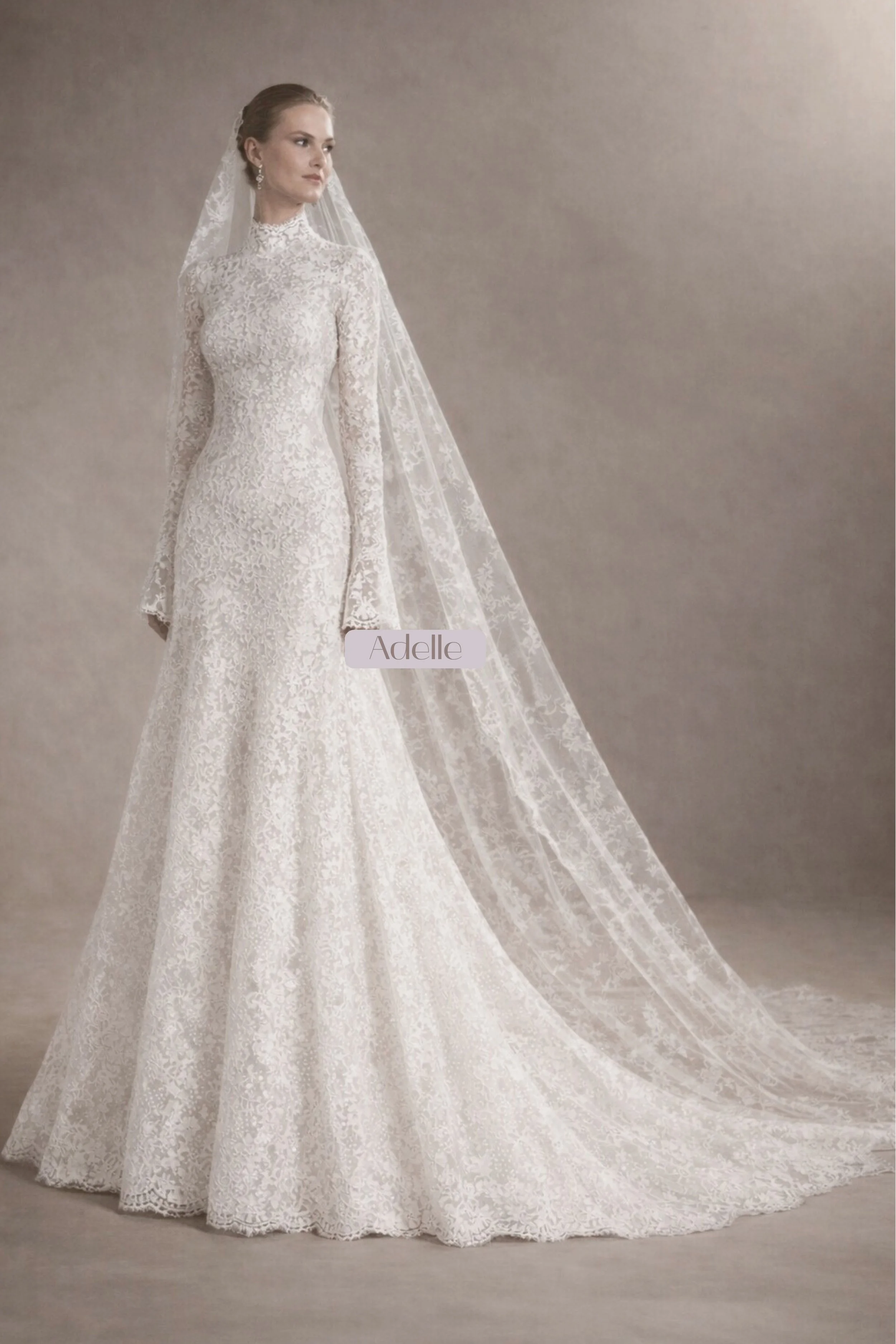 Elegant long-sleeve lace wedding dress with high neckline, illusion sleeves, fitted silhouette, floral lace, covered button back, softly flared skirt, and cathedral veil for a timeless bridal look.