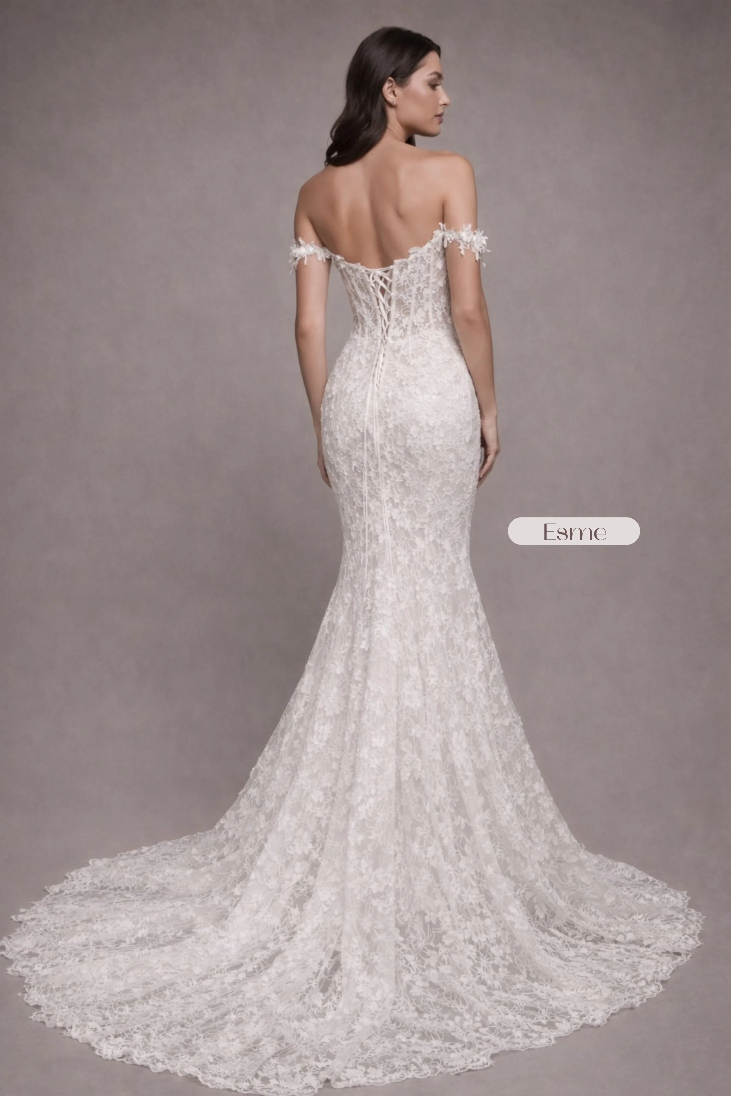 Off shoulder lace mermaid wedding dress with floral corset bodice and lace up back train