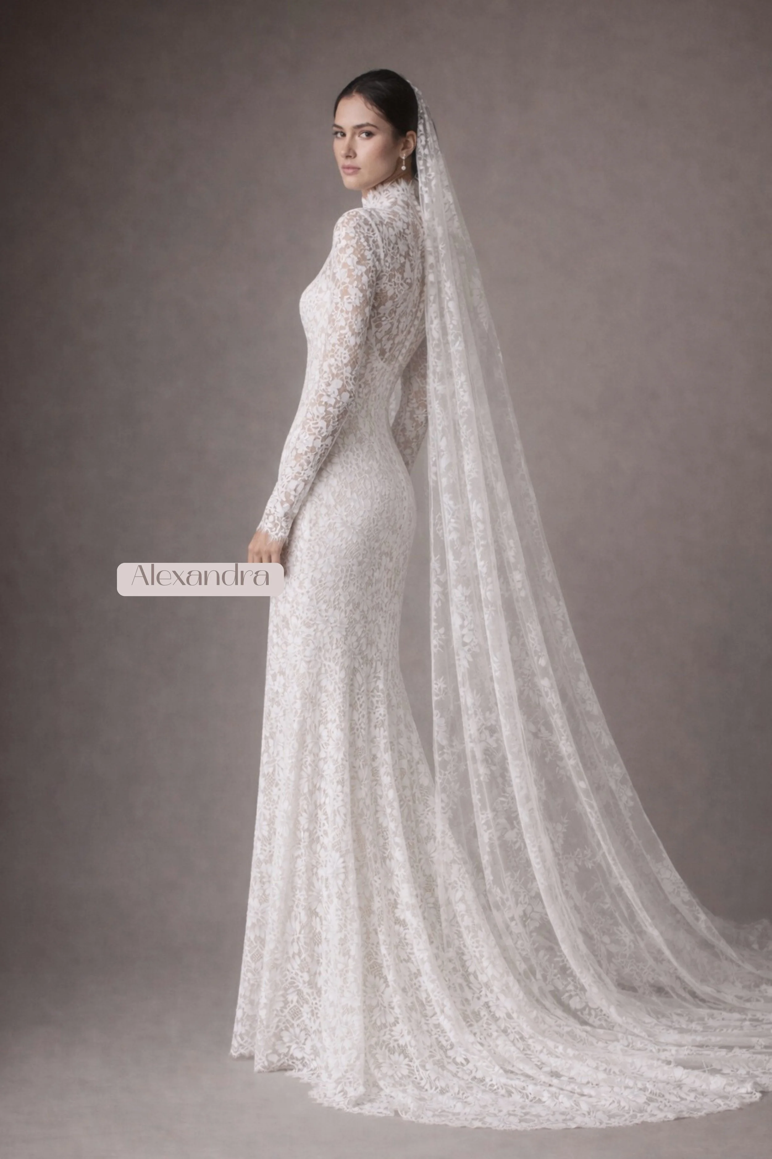 Front view of high-neck, long-sleeve lace wedding gown with fitted silhouette and elegant floor-length hem.