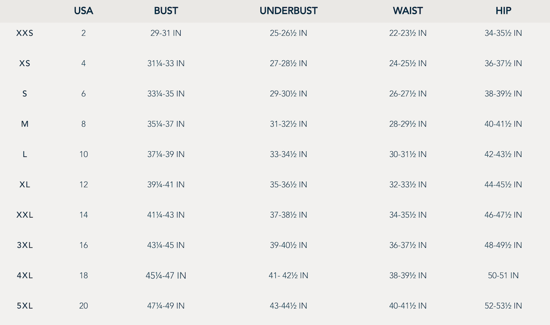 Size chart with columns for USA sizes and measurements for bust, underbust, waist, and hips in inches.