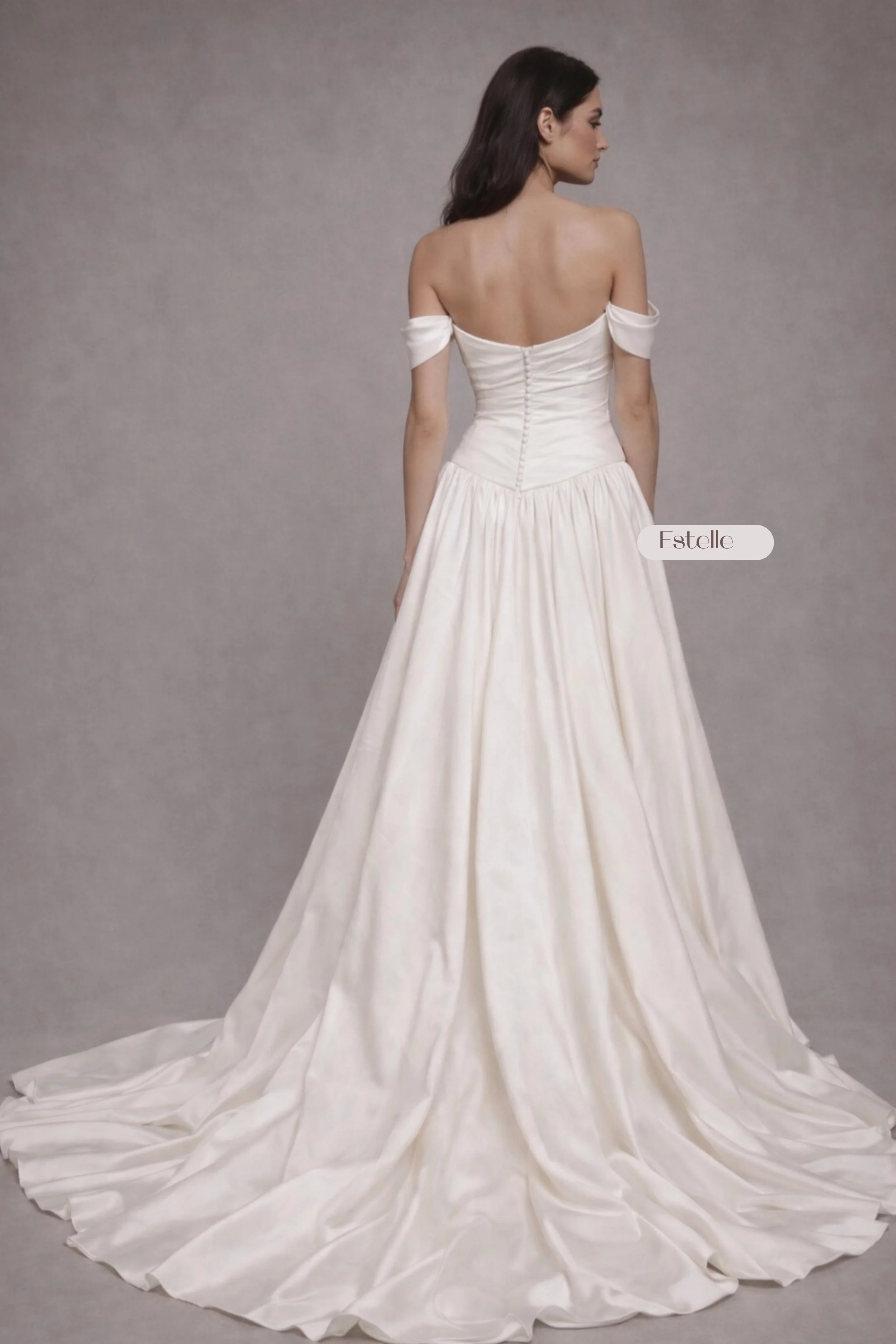 Off-shoulder satin A-line wedding dress with draped bodice and flowing chapel train for bride style!