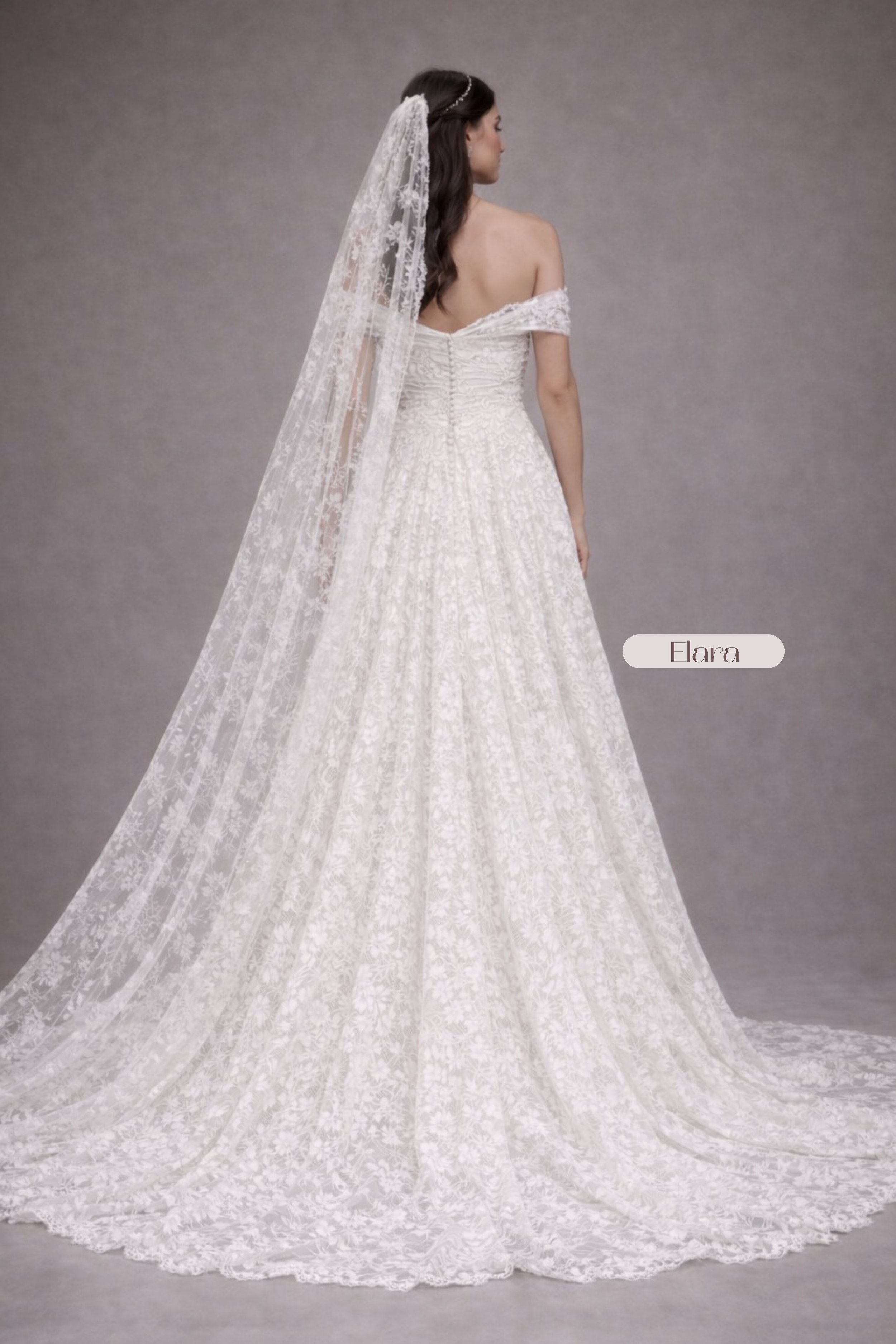 Romantic off-the-shoulder lace A-line wedding dress with sweetheart neckline and lace train