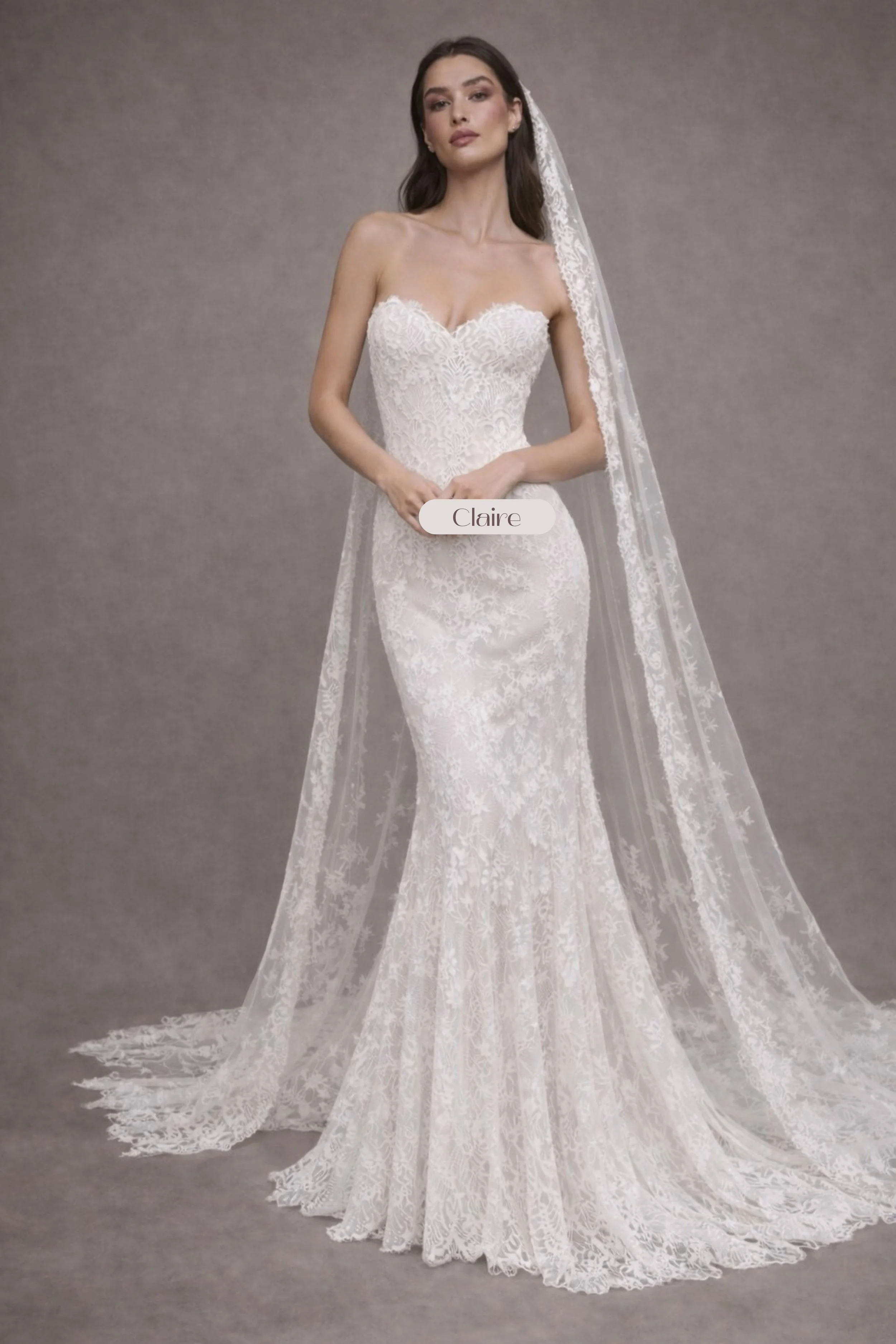 Strapless lace mermaid wedding dress with sweetheart neckline and cathedral lace veil train