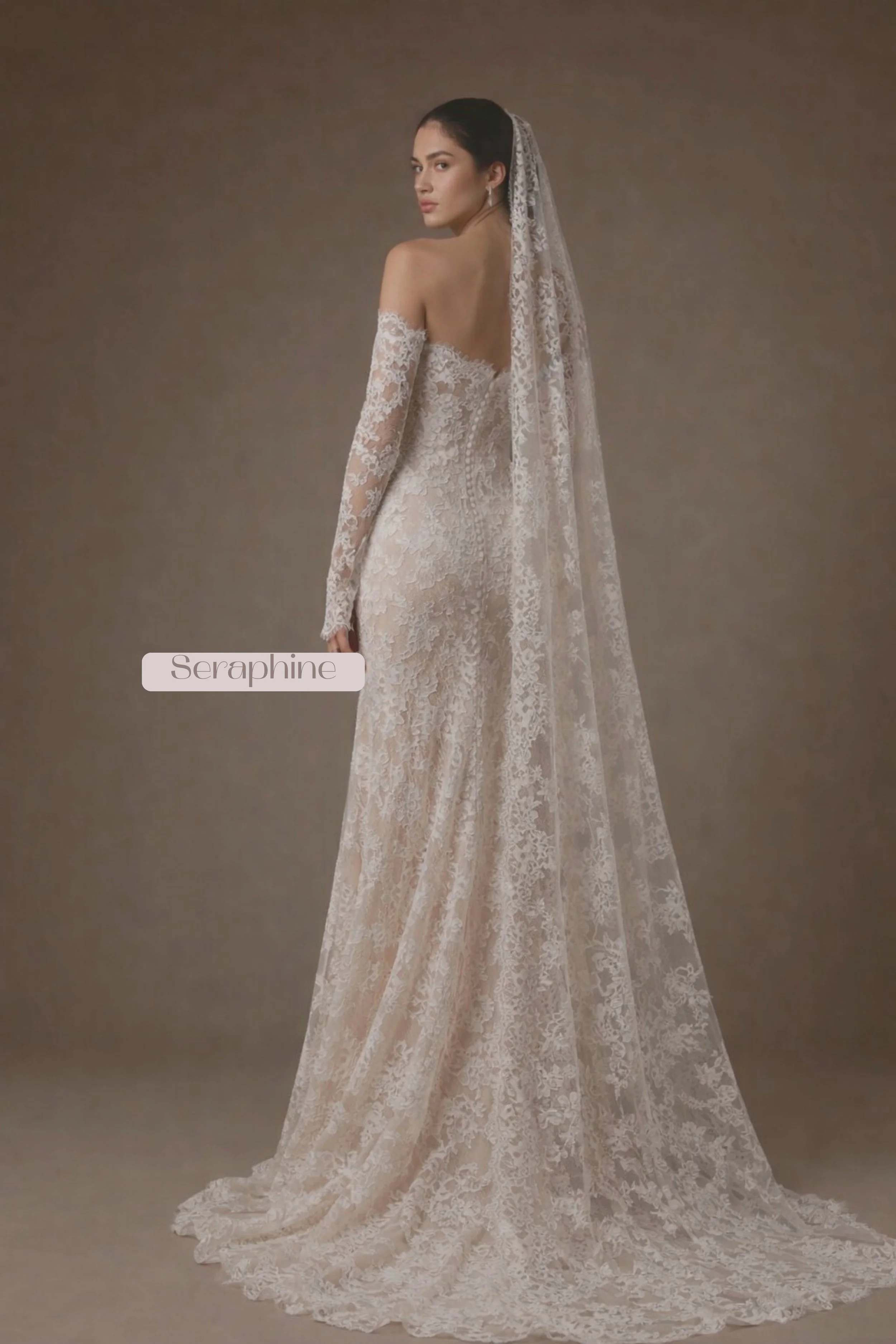 Long sleeve lace wedding dress with strapless neckline and veil, perfect for a classic church bride