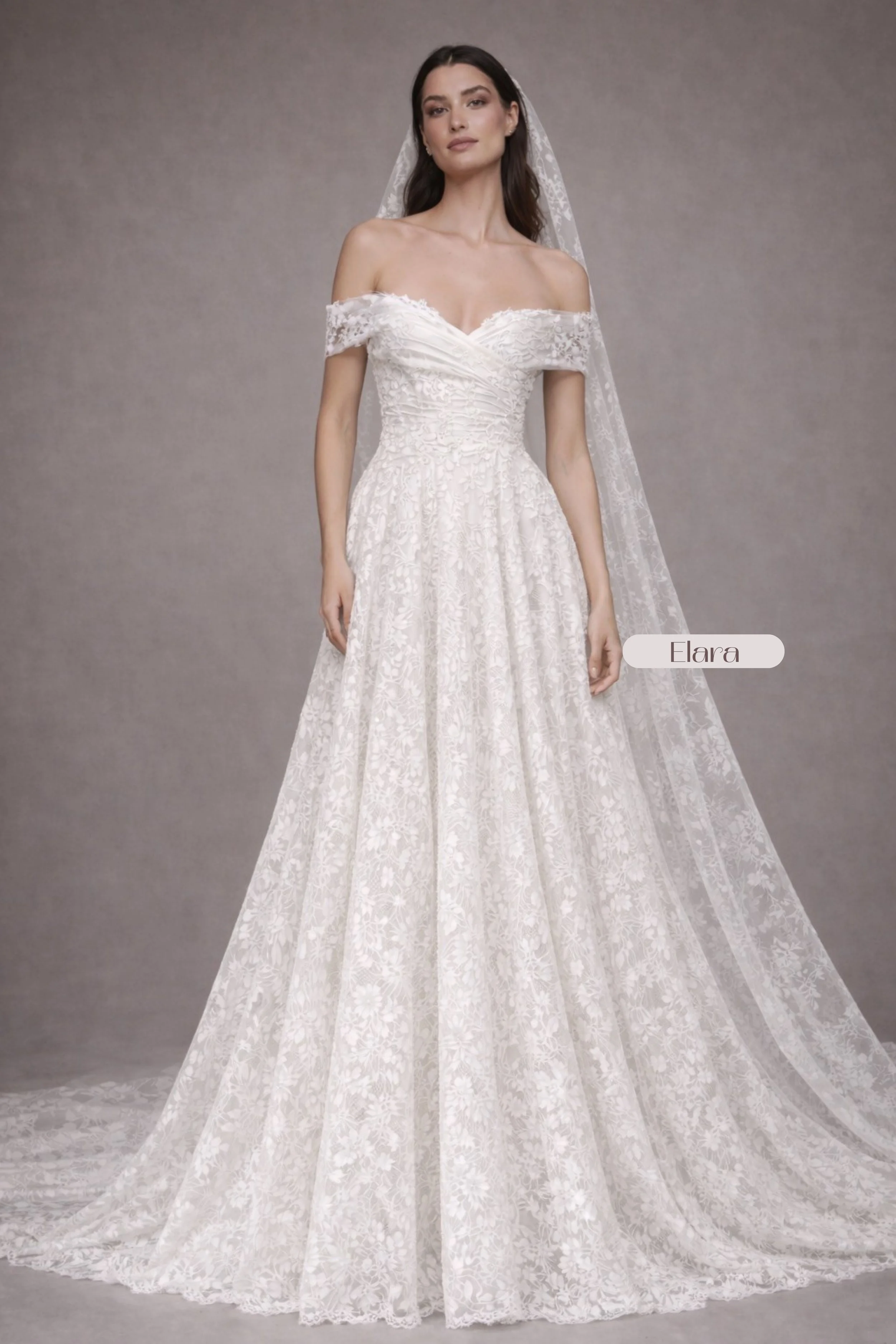 Romantic off-the-shoulder lace A-line wedding dress with sweetheart neckline and lace train