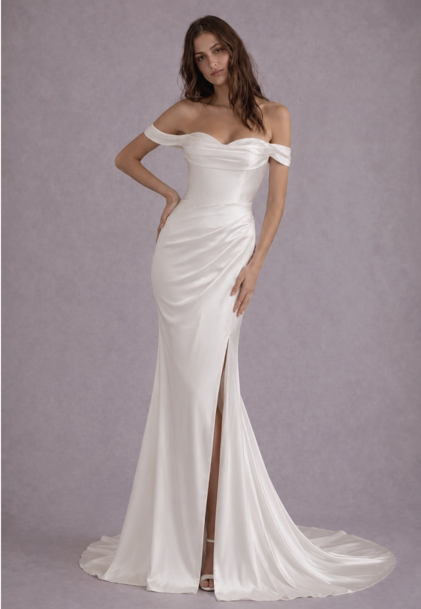 Satin mermaid wedding dress with draped off-shoulder neckline, fitted silhouette and high leg slit.