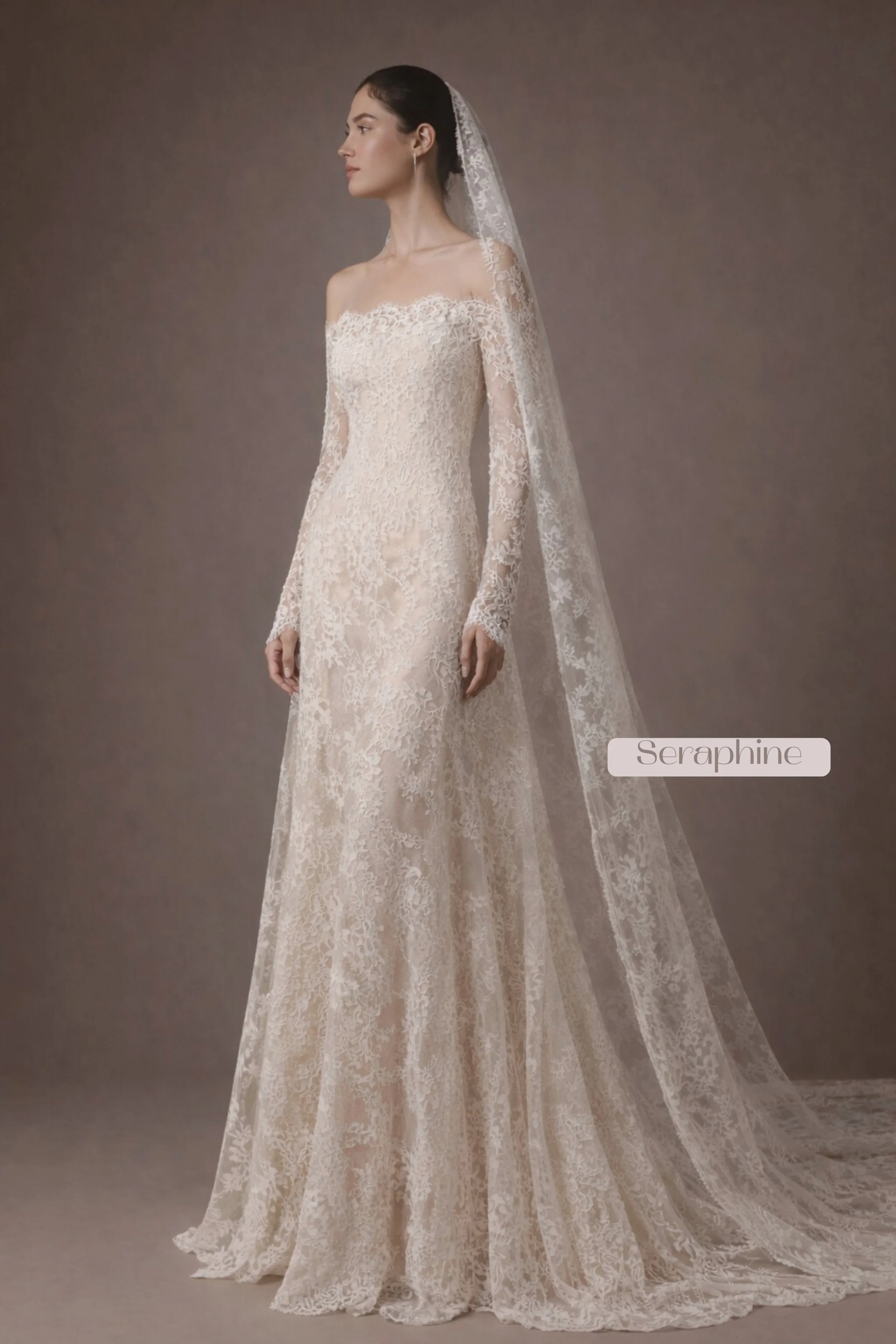 Long sleeve lace wedding dress with strapless neckline and veil, perfect for a classic church bride