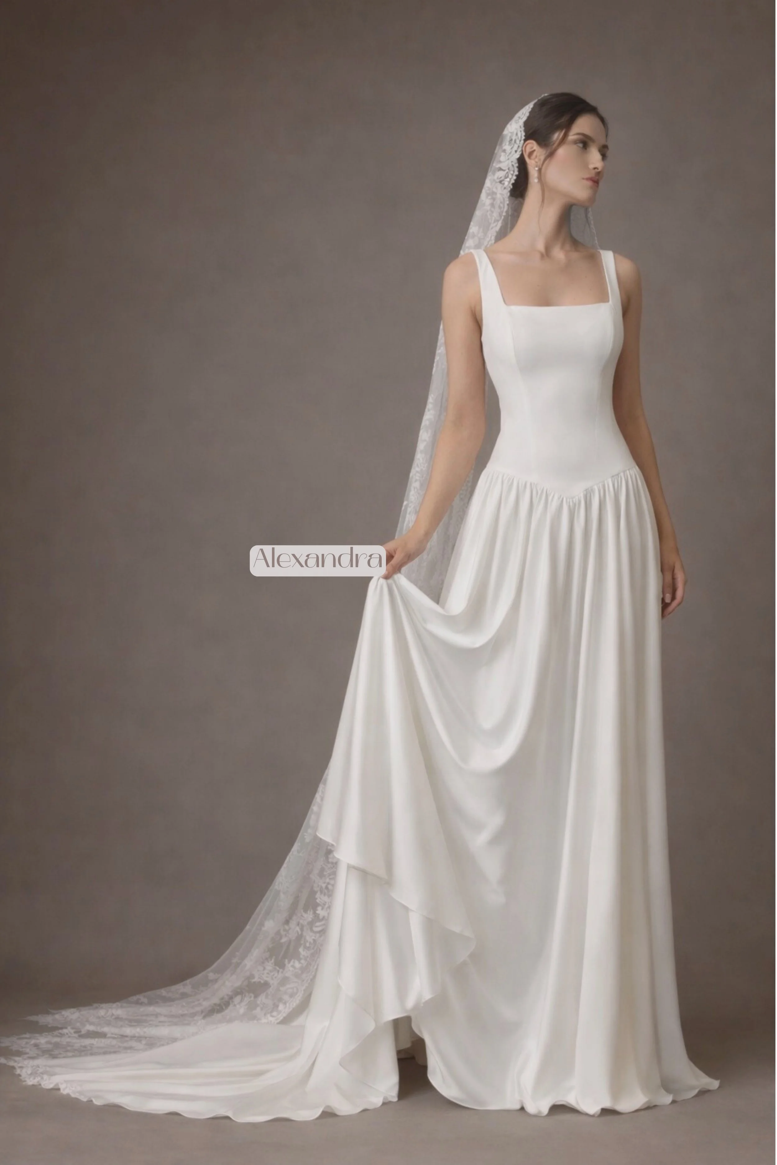 Minimalist square neck wedding dress with clean lines, structured bodice, low back with covered buttons, and softly draped skirt. Akmaral Bridal
