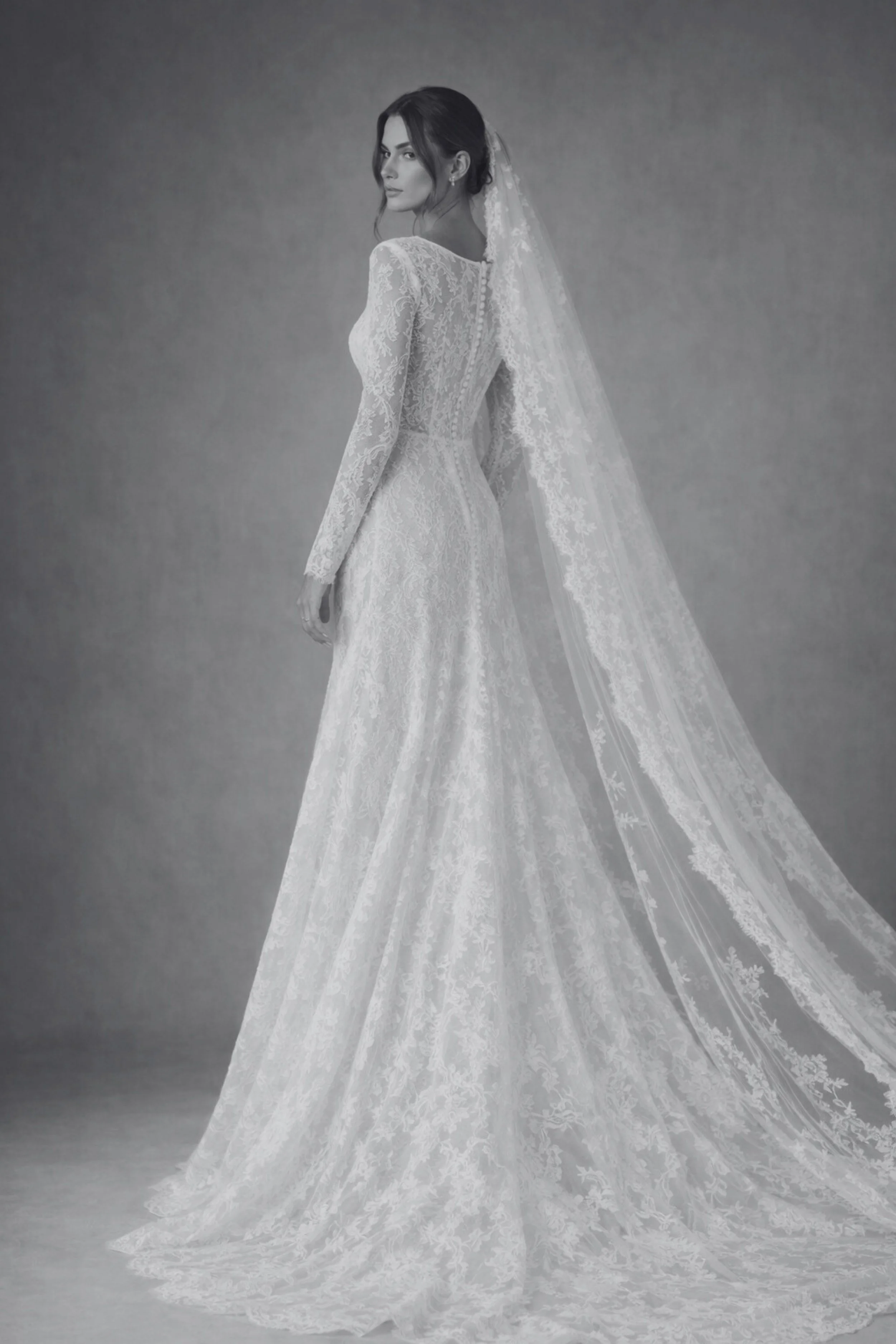 Long sleeve lace wedding dress with A-line skirt, classic church bridal gown for modern bride