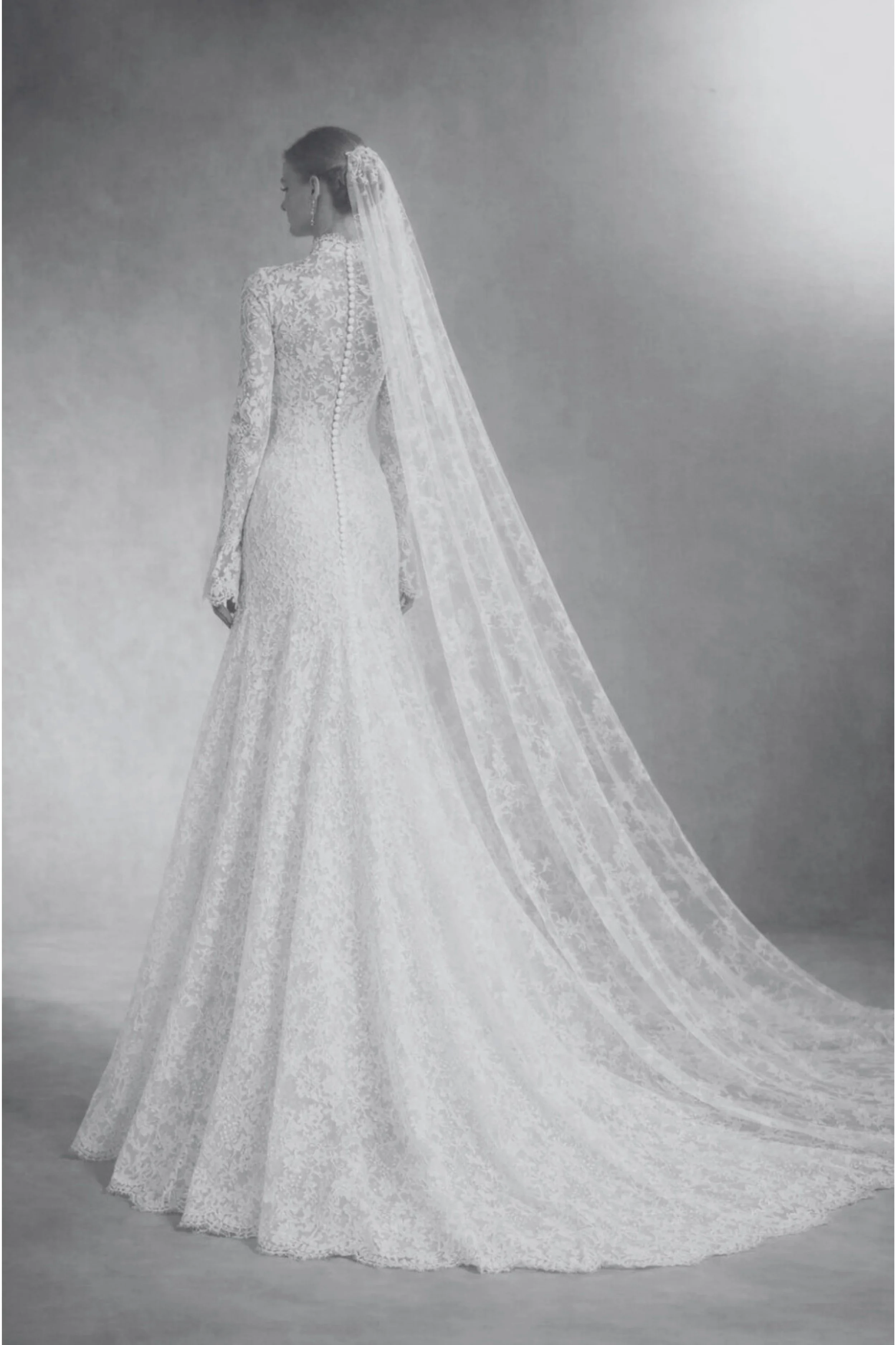Elegant long-sleeve lace wedding dress with high neckline, illusion sleeves, fitted silhouette, floral lace, covered button back, softly flared skirt, and cathedral veil for a timeless bridal look.