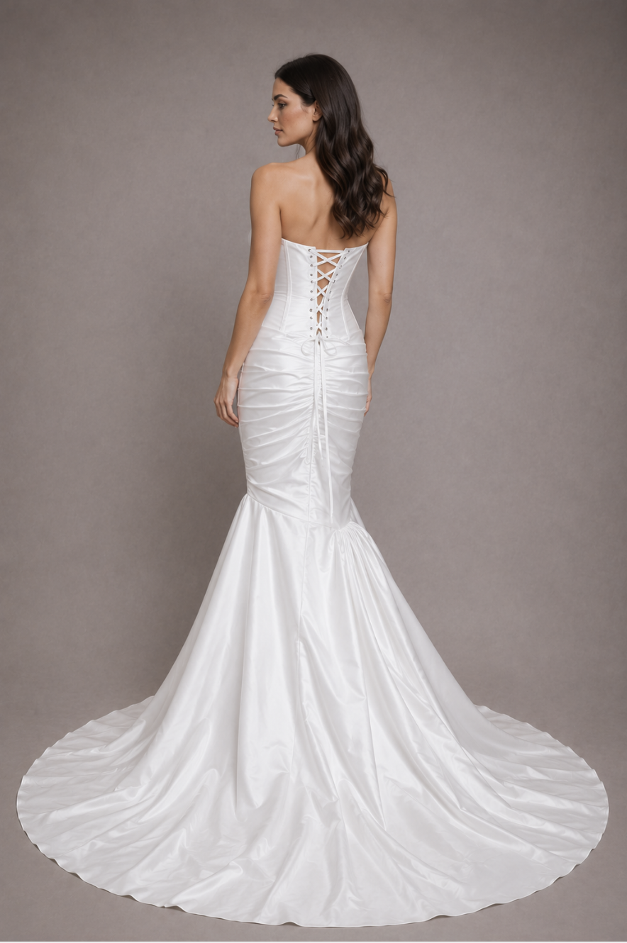 Strapless satin mermaid wedding dress with corset bodice, fitted skirt, and elegant chapel train