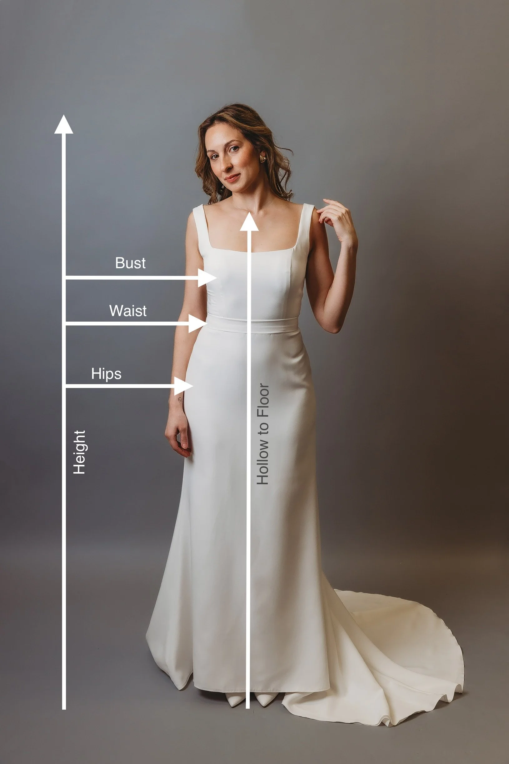 A woman in a white wedding dress standing in front of a gray background with measurements and labels for bust, waist, hips, height, and hollow to floor, indicating different body measurements and proportions.