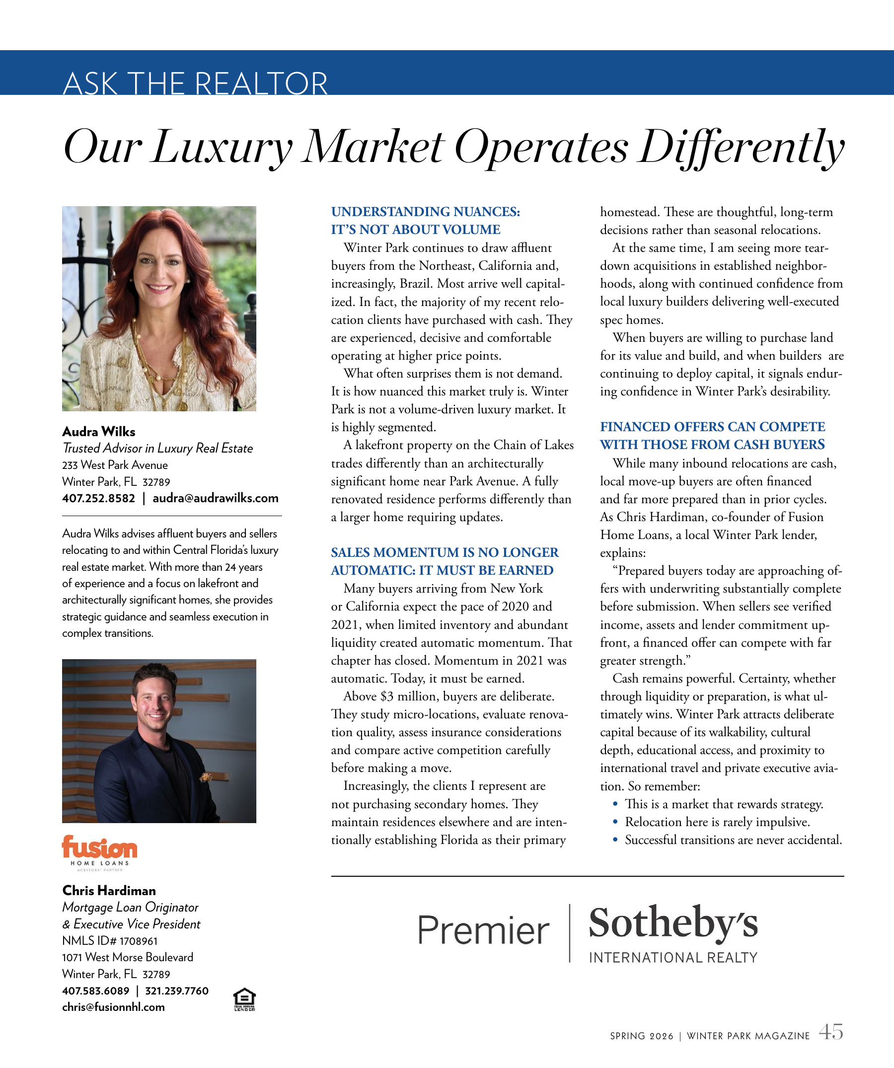 Audra Wilks Ask the Realtor column on Orlando's luxury market in Winter Park Magazine, Winter 2026
