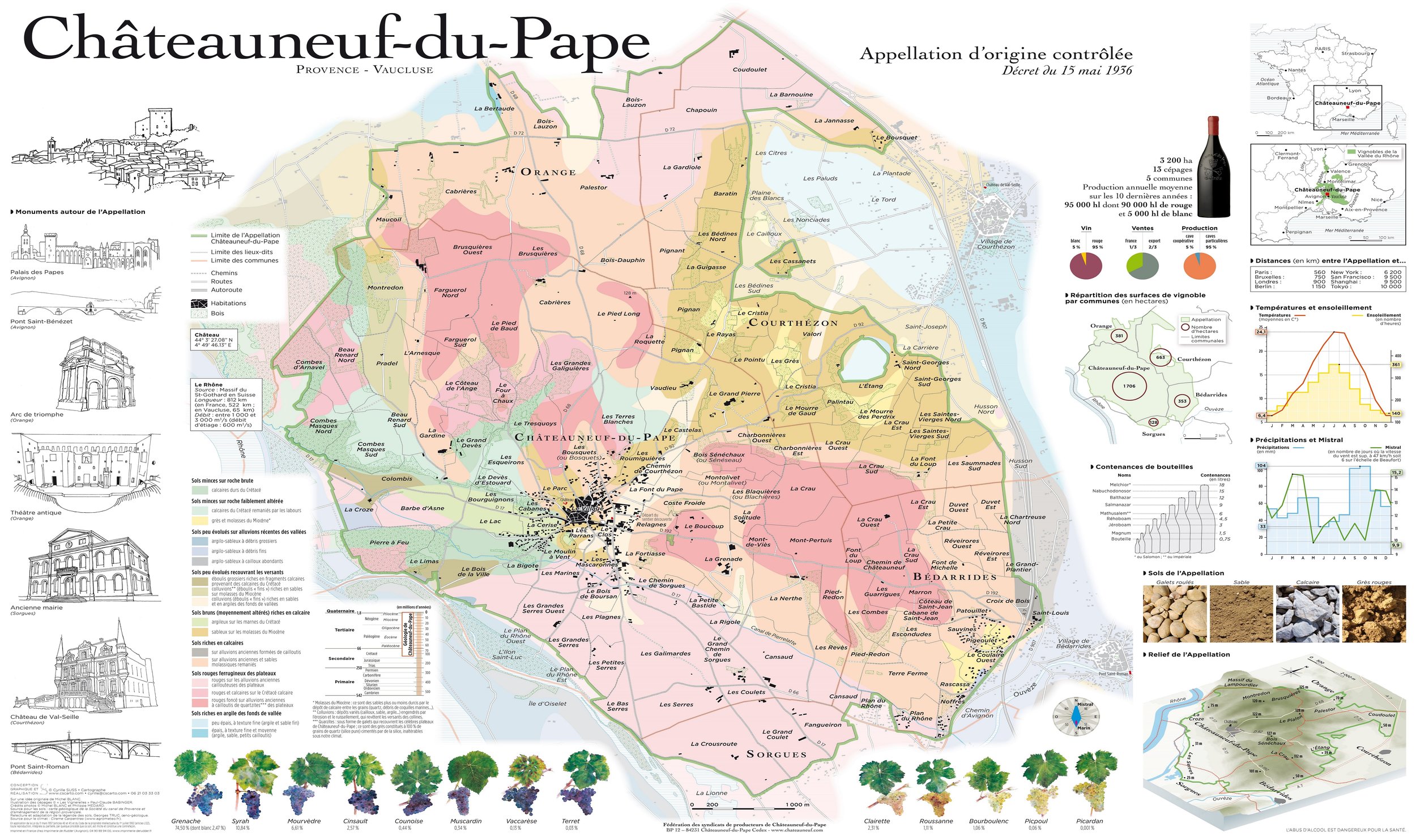 Map of Châteauneuf-du-Pape winery region in Provence-Vaucluse, France, showing communes, vineyards, soil types, topography, and wine production details.