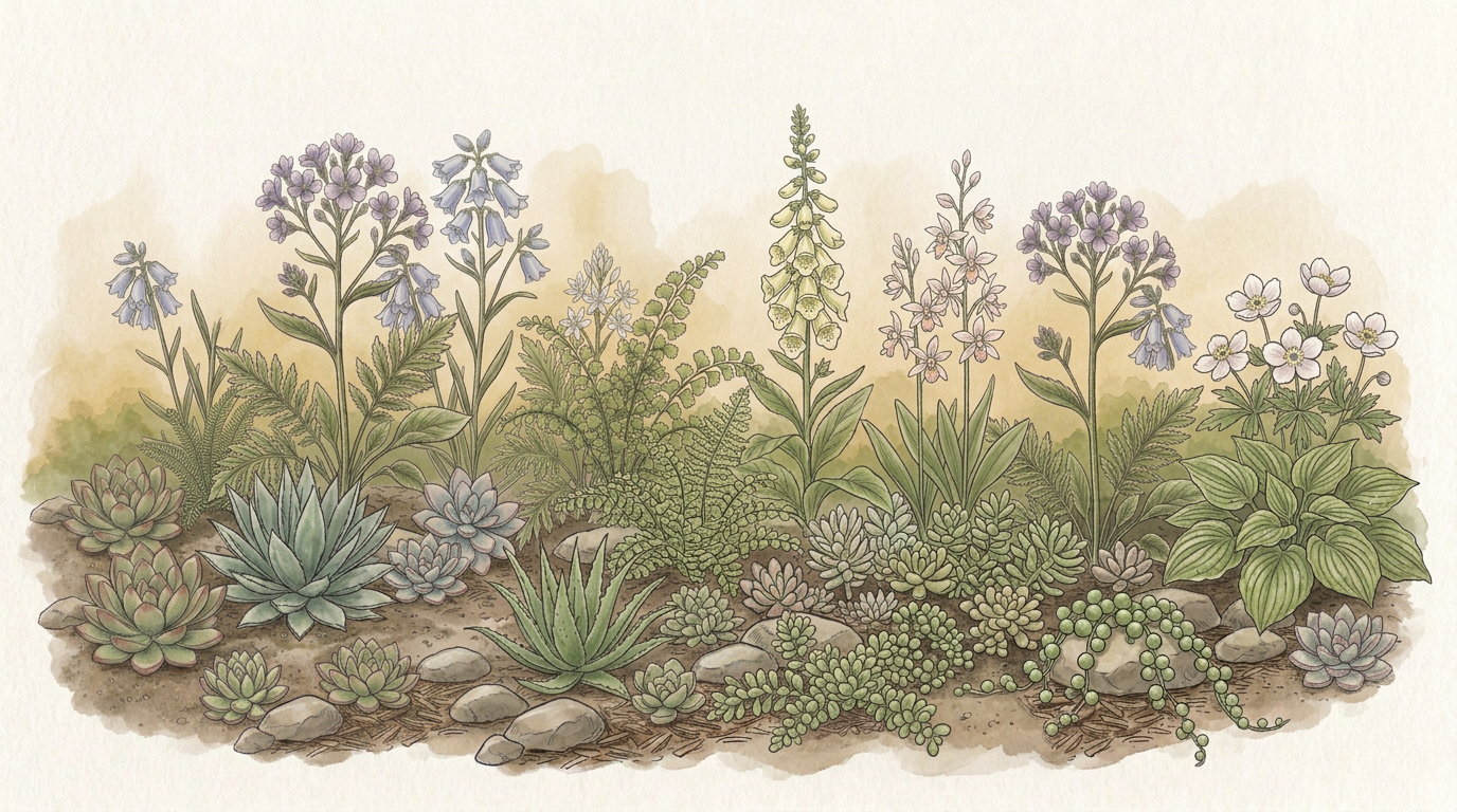 Illustration of various succulents and flowering plants, including lavender and other small flowering plants, in a garden bed with a watercolor background.