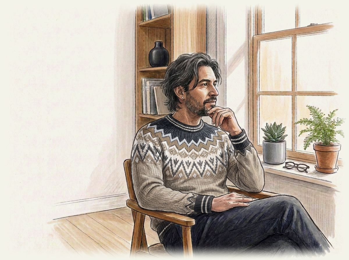 Illustration of a man sitting thoughtfully in a chair by a sunlit window, hand at his chin
