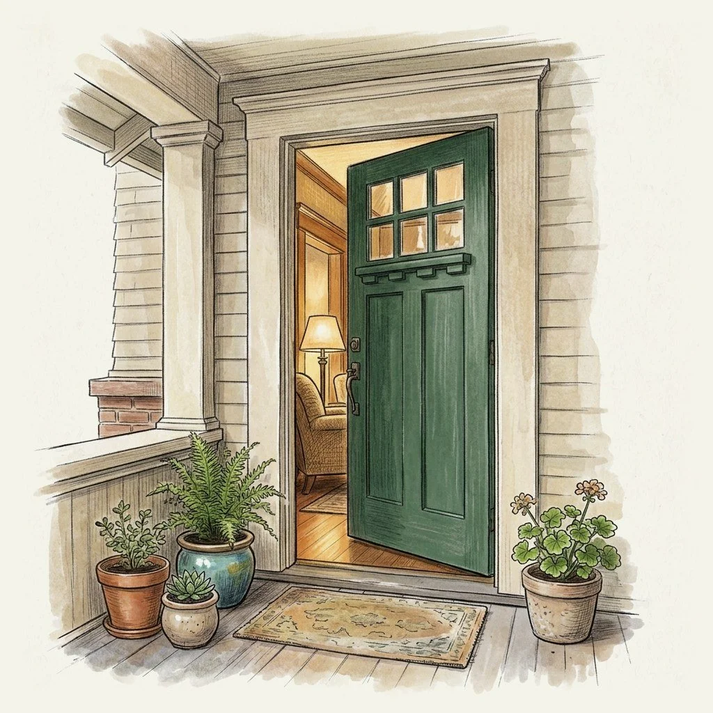 Illustration of a green front door standing slightly open on a porch, with potted plants and a warm lamp-lit room inside