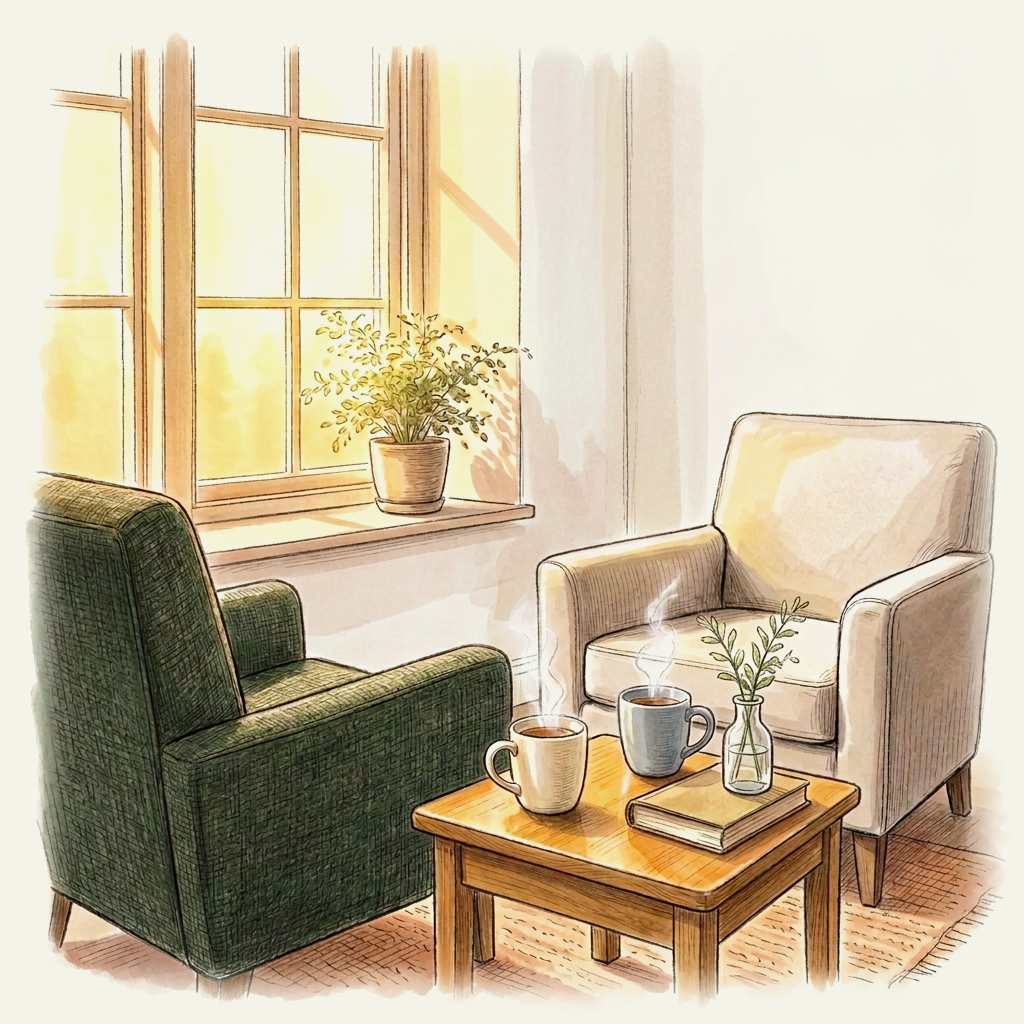 Two armchairs facing each other beside a sunlit window, with steaming mugs of tea on a small table