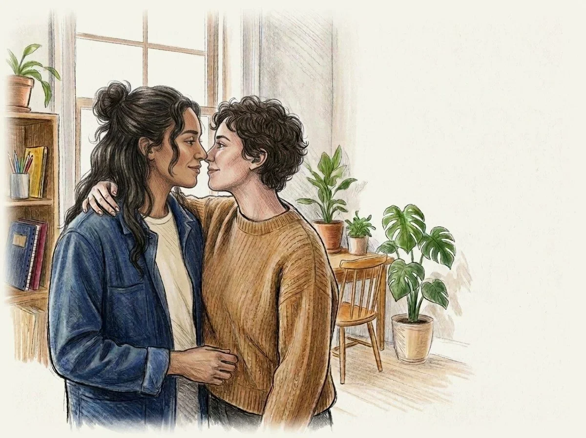 Illustration of two people embracing in a sunlit room with plants and a bookshelf