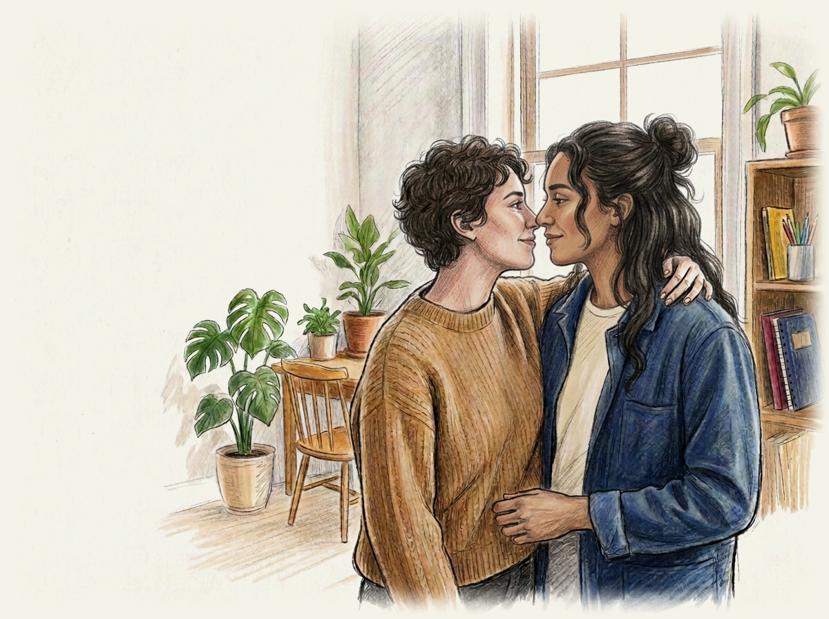 Illustration of two people embracing in a sunlit room with plants and a bookshelf