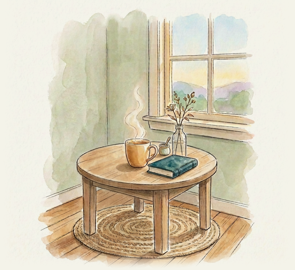 Illustration of a small wooden table by a window with a steaming mug, a book, and a glass bottle of dried stems