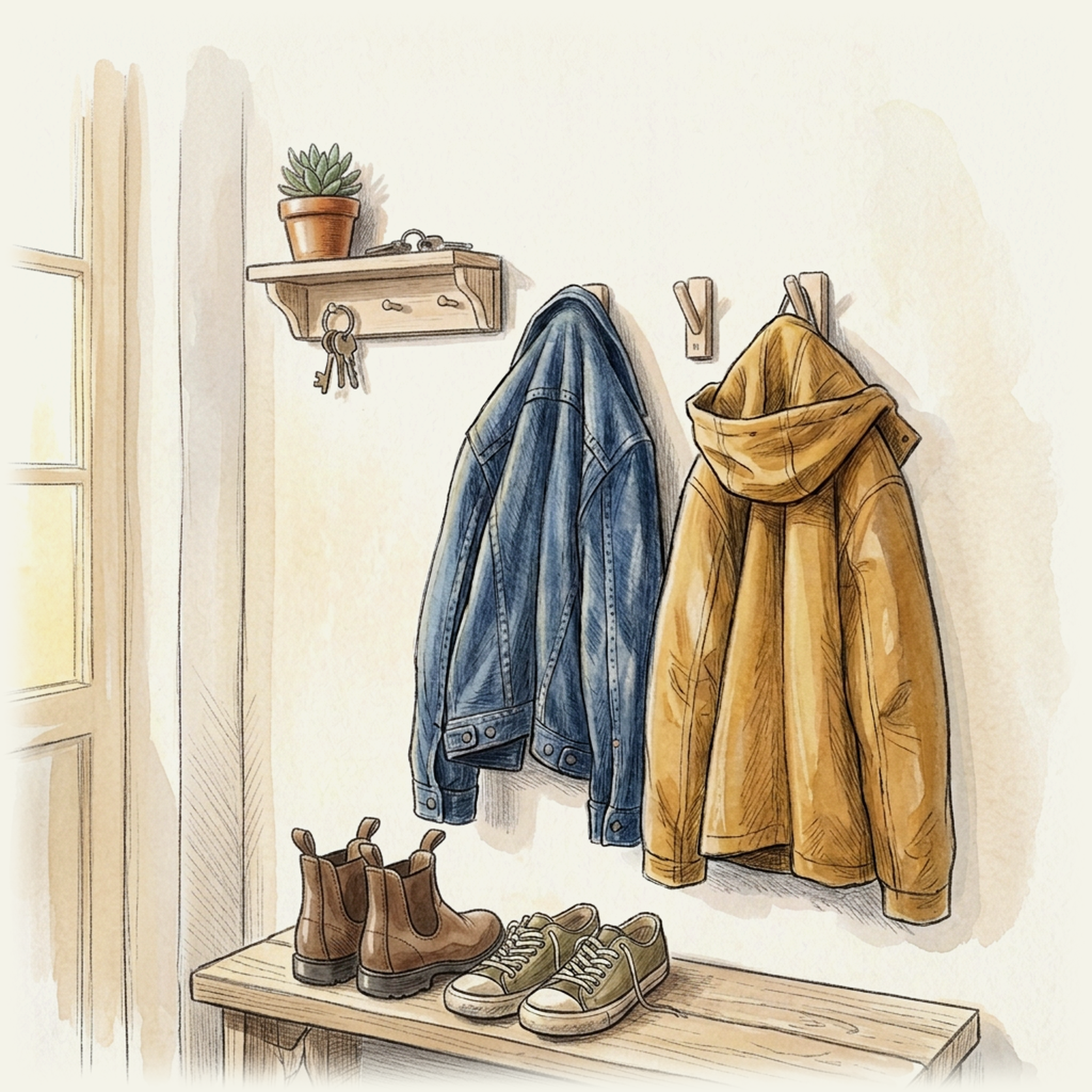 Illustration of a denim jacket and a mustard coat hanging side by side in an entryway, with boots and sneakers on a bench below