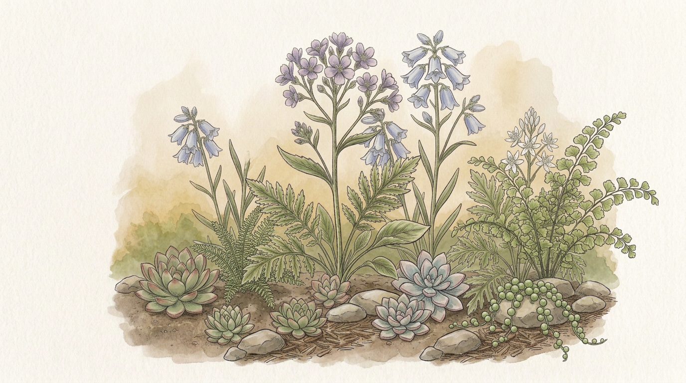 Illustration of various flowering and succulent plants in a garden bed, including bluebells and other greenery.