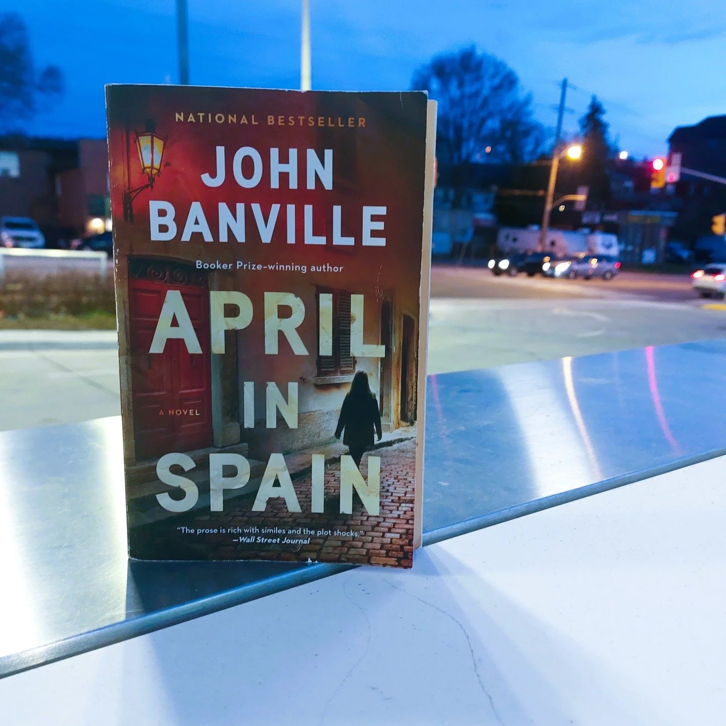 April in Spain by John Banville

Many thanks to @j.woollcott for the recommendation.

 Here was the bookshop again. He hesitated, then stepped inside. 
 So many books -- so many words. Why did they do it, he wondered, why did they keep at it, hundred