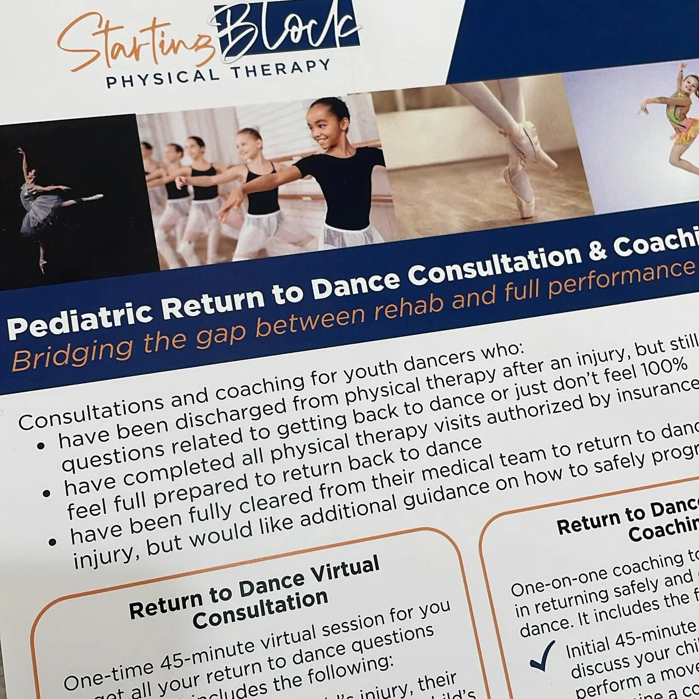 Injuries happen. Regardless of severity, if you’re returning to dance (or getting back to full-out) Kari at Starting Block Physical Therapy offers virtual, dance-specific consultations and coaching to guide the transition from PT back into the