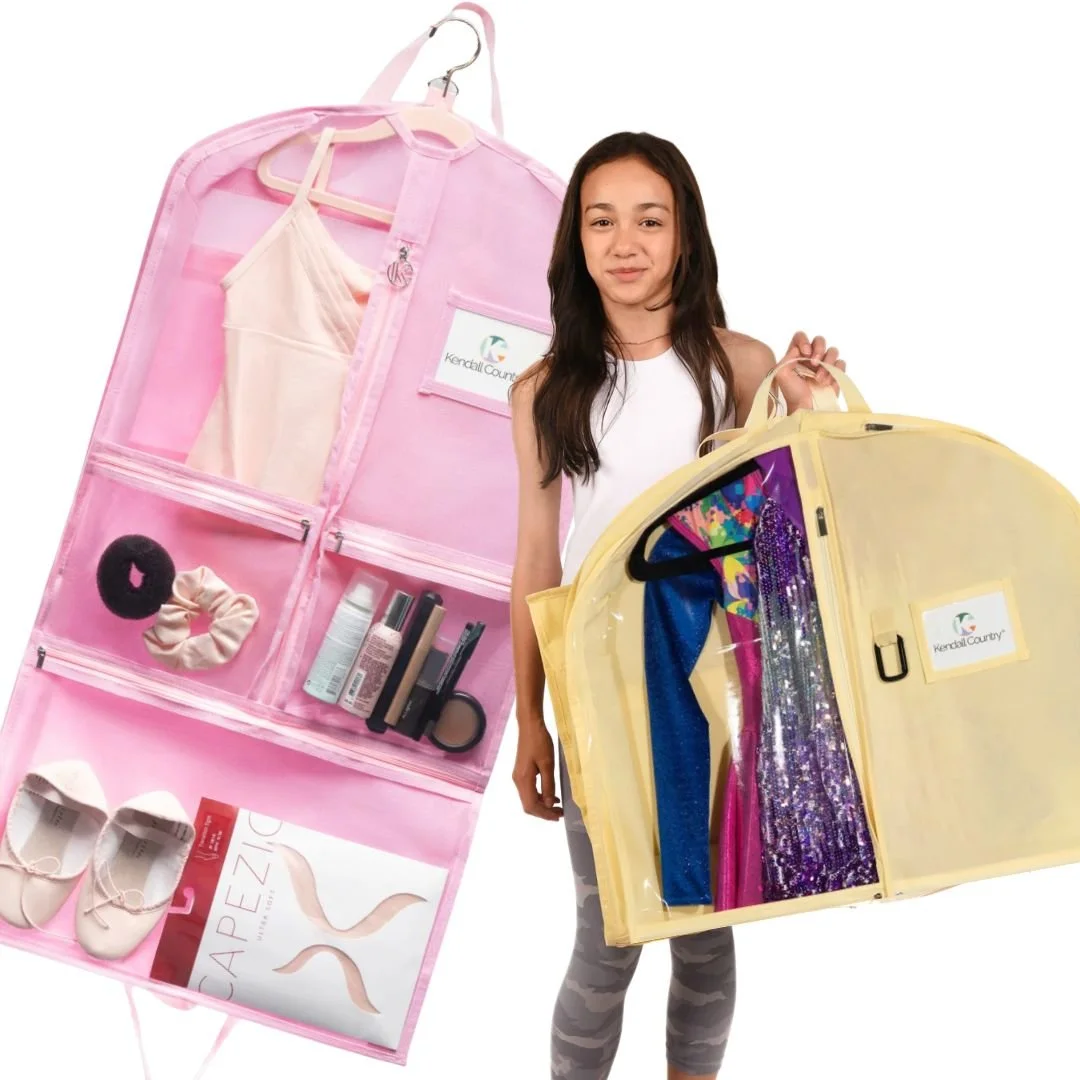 Recital Tip #3: MULTI-COMPARTMENT GARMENT BAGS. We polled a few experienced dance moms for their tips to avoid losing shoes and costume pieces. Here's what they recommend:

✔ Label Every. Single. Item.
✔ Use a garment bag with multiple, clear compart