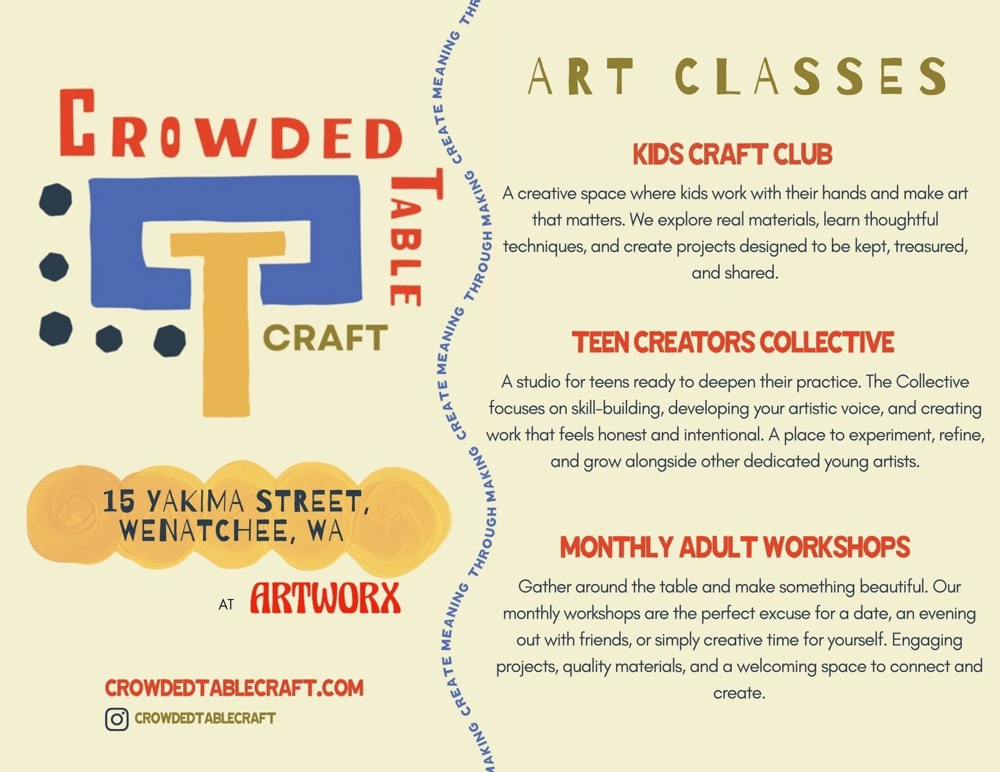 Making matters.
At Crowded Table, we gather to create work with intention, pieces that hold story and care.
✨ Kids Craft Club
✨ Teen Creators Collective
✨ Monthly Adult Workshops
We&rsquo;re so excited to be creating in our new space at @artworxwenat
