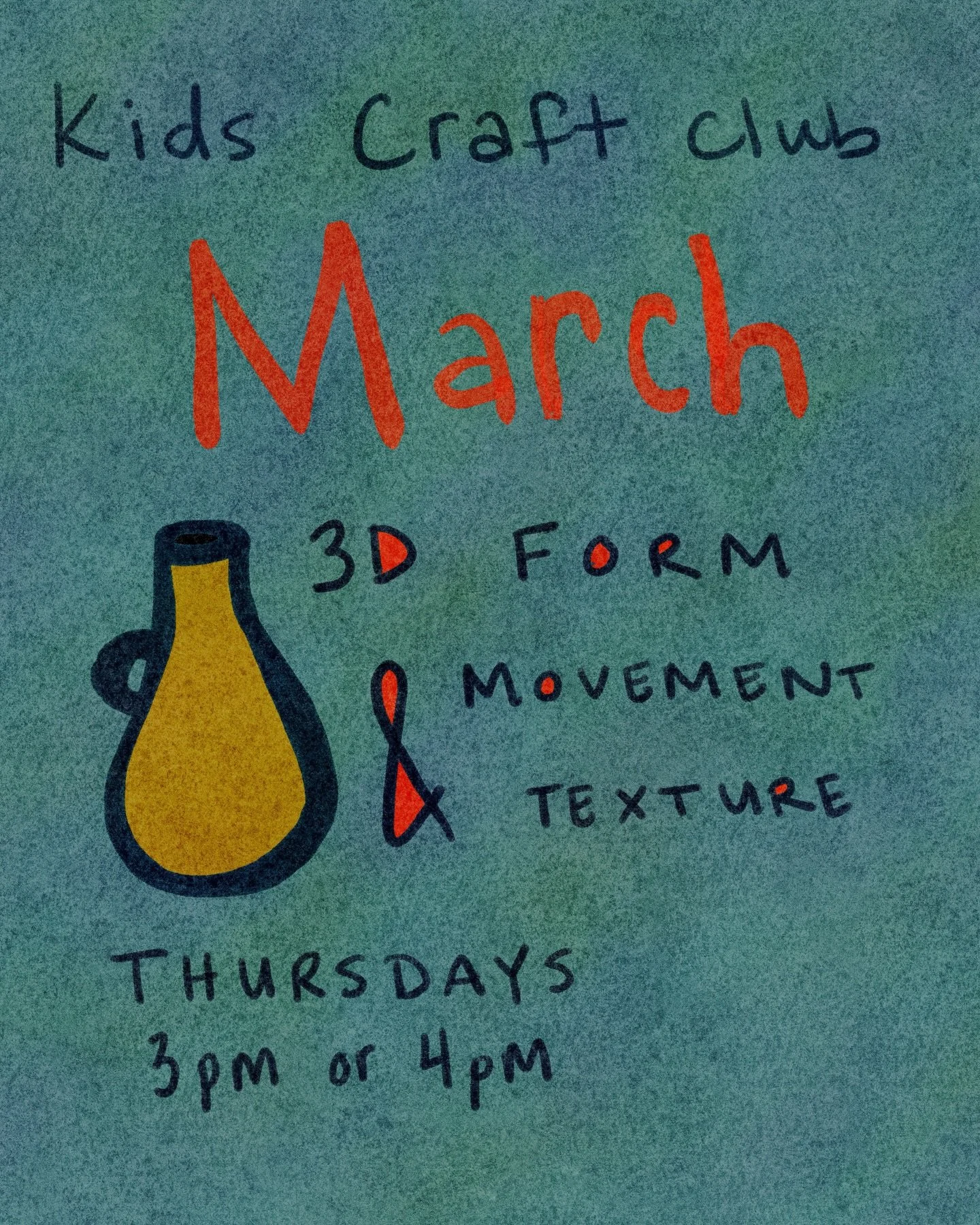 One more week to sign up for kids craft club MARCH! 
Possibilities on the docket are: 
- Hand Drawn/ Painted Textile Collage 
- Mosaics 
- Paper Clay Forms