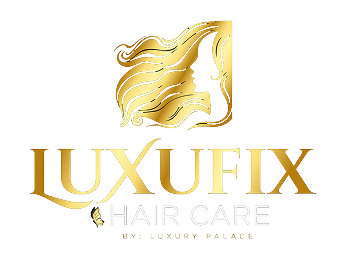 Luxyux Hair Care logo featuring a golden profile of a woman's head with flowing hair, and the text 'LUXUFX HAIR CARE The Luxury Pallet' below.