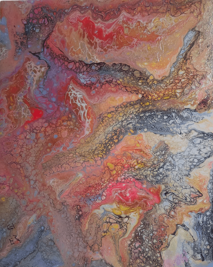 Paint pour by Tamra with tans, grays, and hints of red