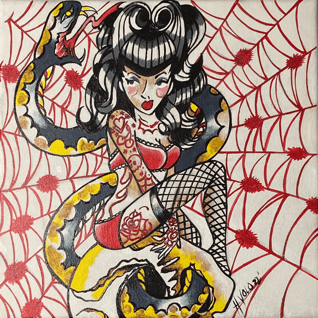 A woman in thigh-highs stuck in a spiderweb. Hand-painted canvas by Hillary Volo 