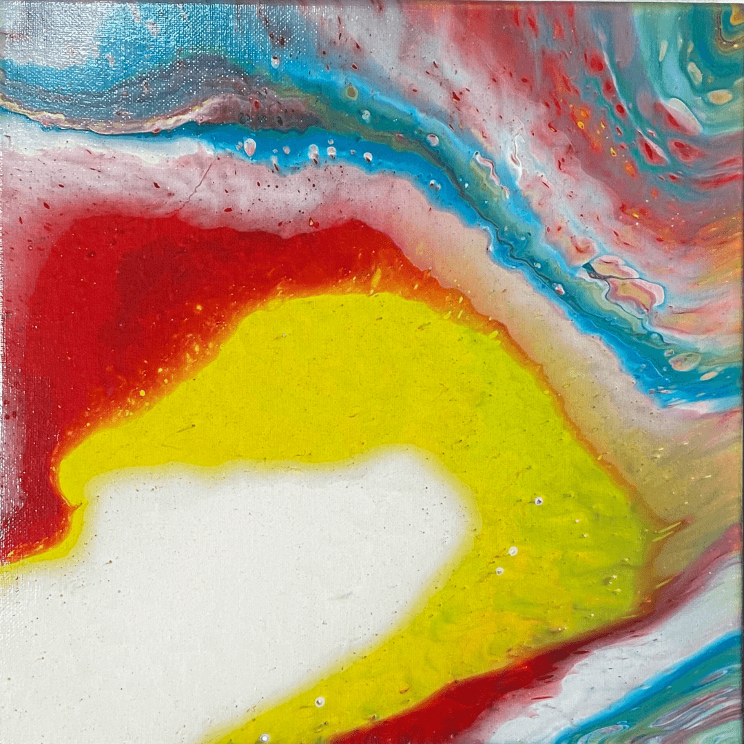 Paint pour - red, white, yellow, turquoise square paint pour