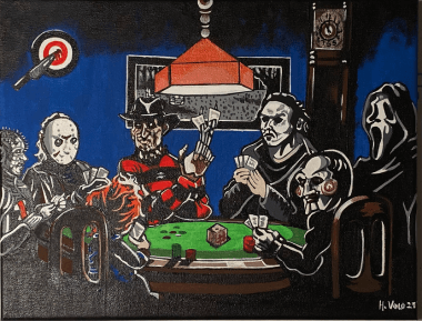 Horror Icons from Horror Movies sitting around a poker table playing cards. Freddy Crougar, Mike Meyers, Scream villian, Chucky, Hellraiser, and Jason sitting around a poker table. Painting and copyright owned by Hillary Volo. Iconic horror movie cha
