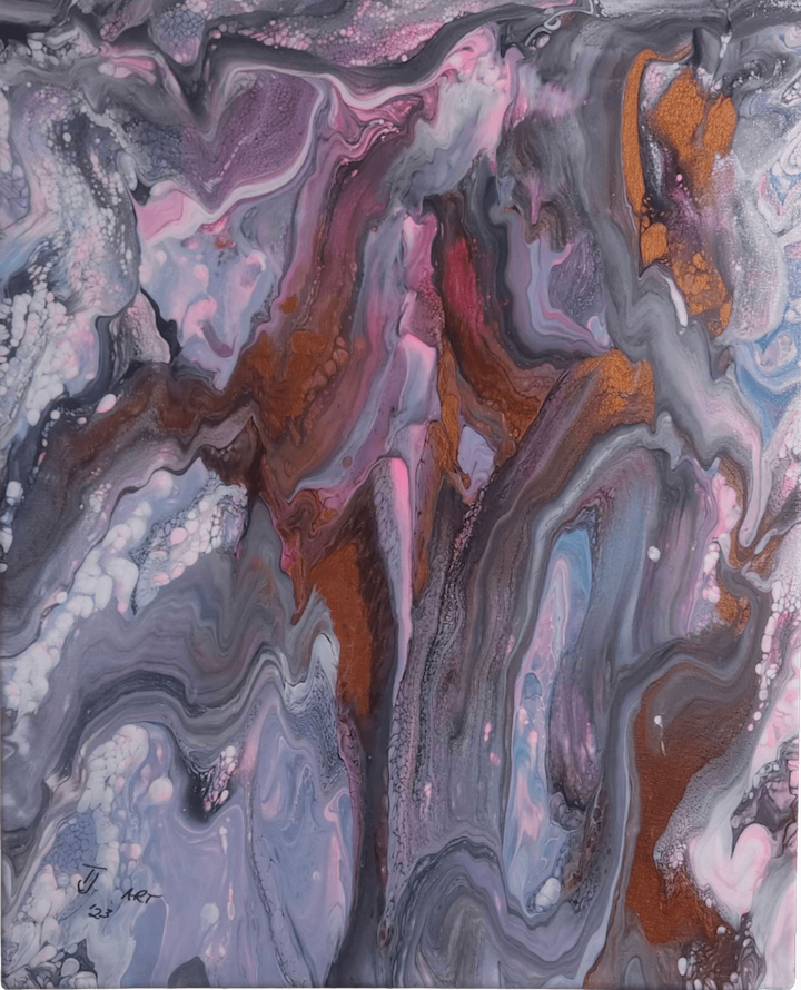 Paint pour with purples, pinks, grays, and hints of brown