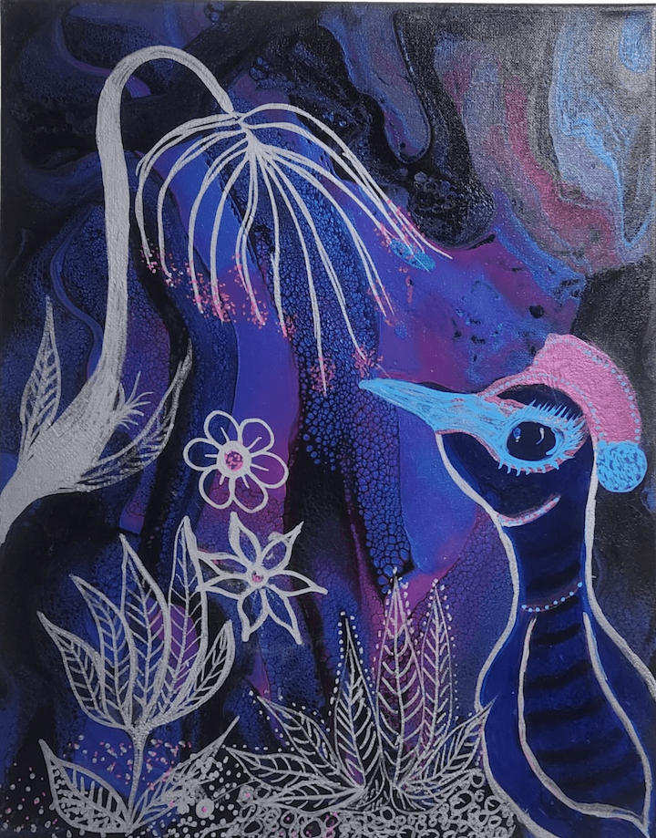 Purple abstract painting of plants and a bird by Tamra