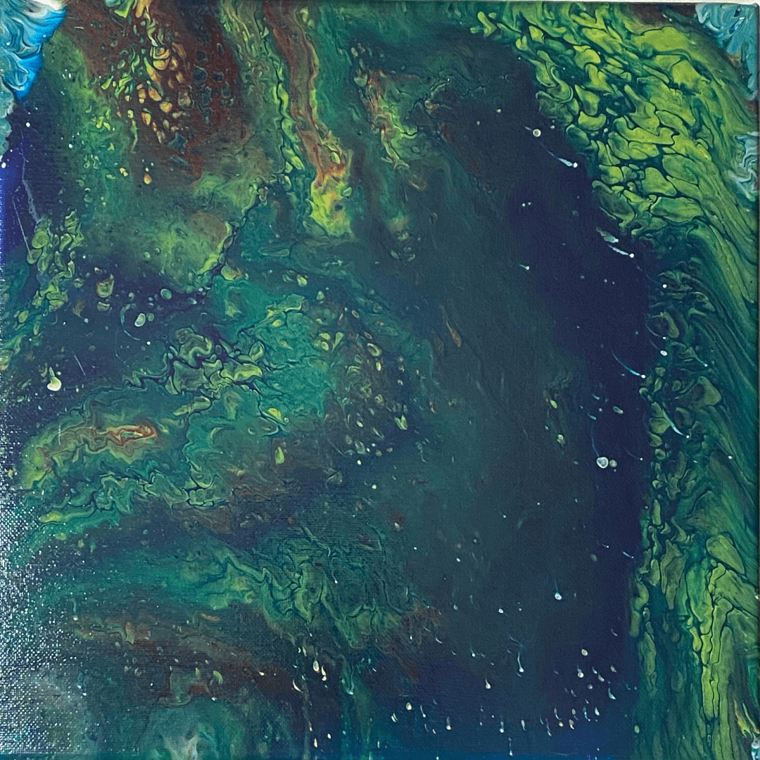 Paint pour on canvas in blue, yellow, green, navy, and black
