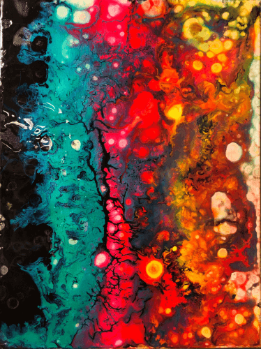 Paint pour on canvas. Vertical colors of black, turquoise, red and an orangey-yellow