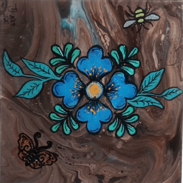 Brown paint pour by Tamra with a blue flower, and green leaves in the center of the canvas. Yellow and Black bumblebee on the top left corner.