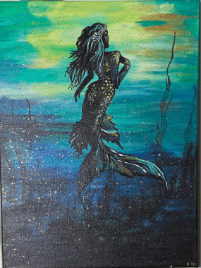 Mermaid silhouette painting by Hillary Volo. Turquoise blue and black mermaid painting