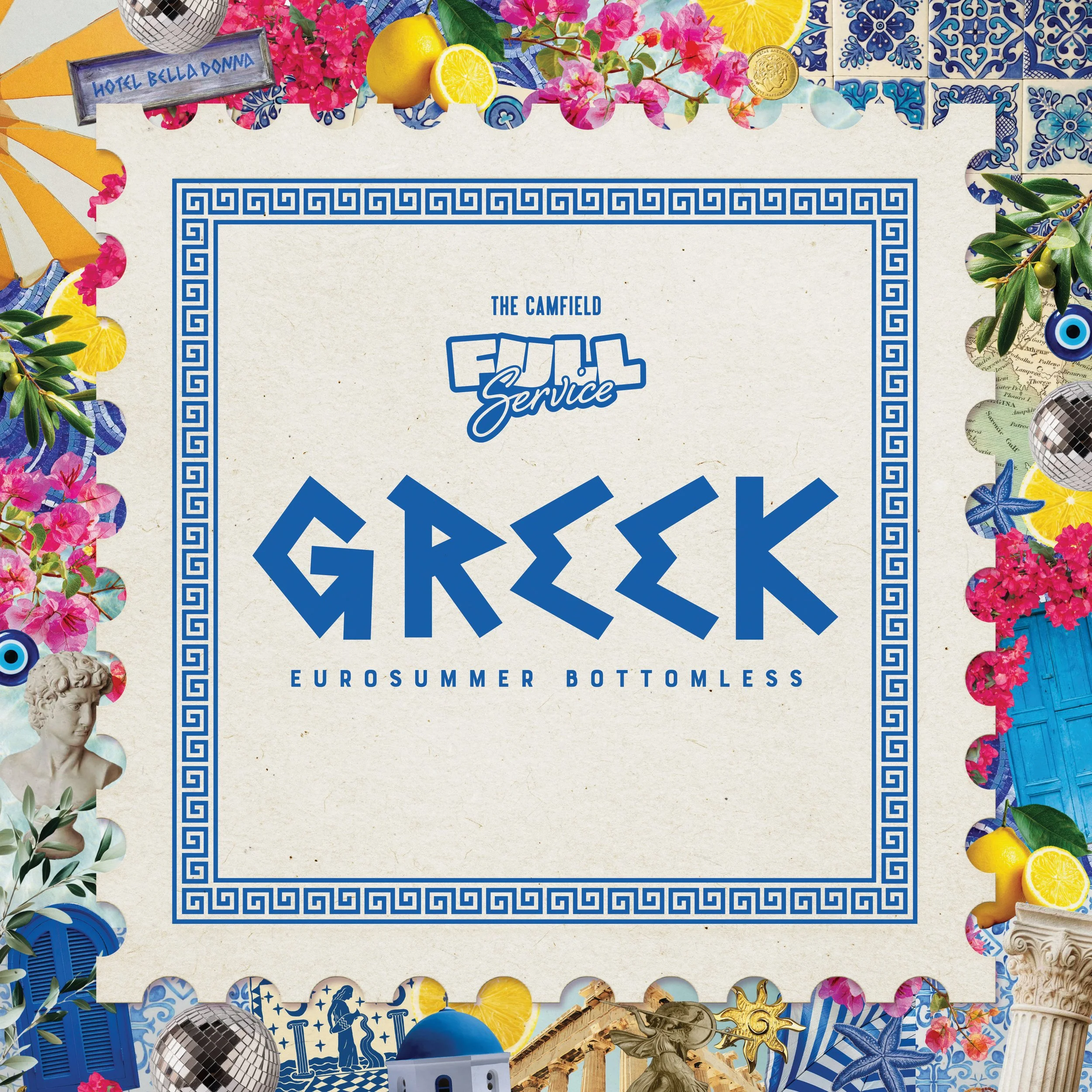 Decorative overlay featuring flowers, citrus slices, Greek ceramics, a statue, and a disco ball on a background of Greek-patterned tiles, with text about a Euro Summer Bottomless event at Hotel Bella Donna.