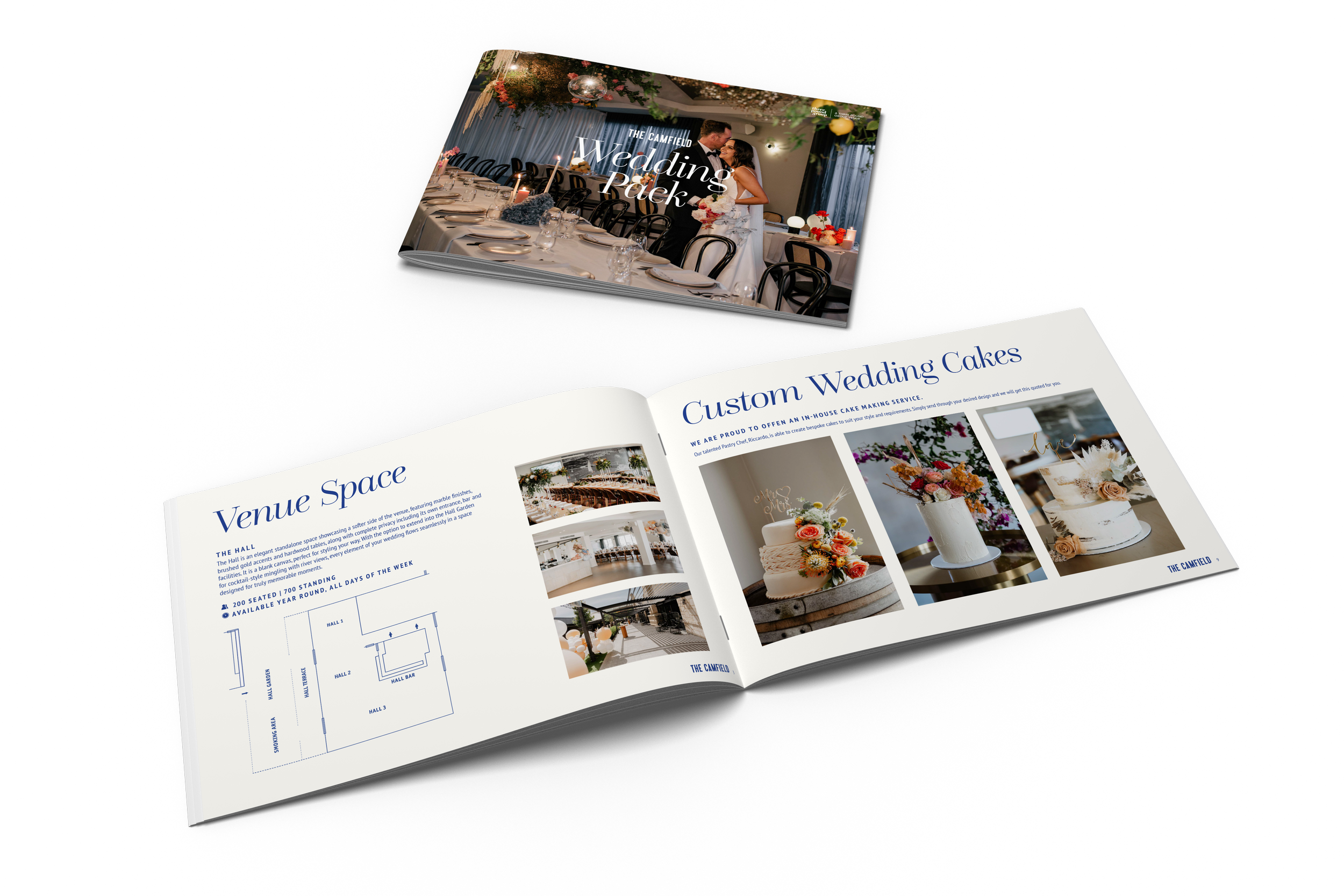 Open wedding venue brochure with images of decorated wedding cakes and event space layouts.