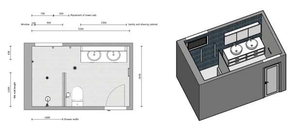 Two images - a layout plan and a 3D version of the same room