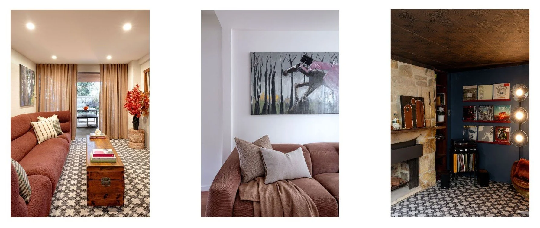 Three photographs of a beautifully designed home, with sofas and art featured. Warm blush colours and bold design.