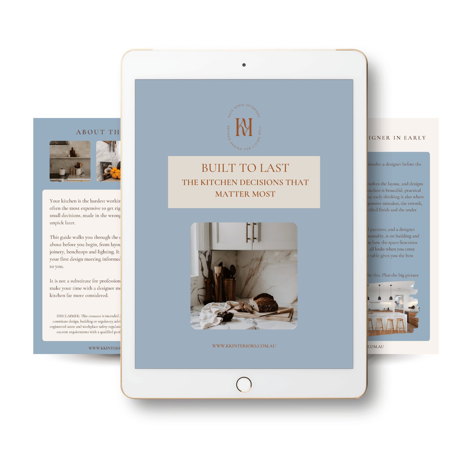 Mock-up of a Kate Kerin Interiors kitchen guide displayed on a tablet, titled “Built to Last: The Kitchen Decisions That Matter Most”.